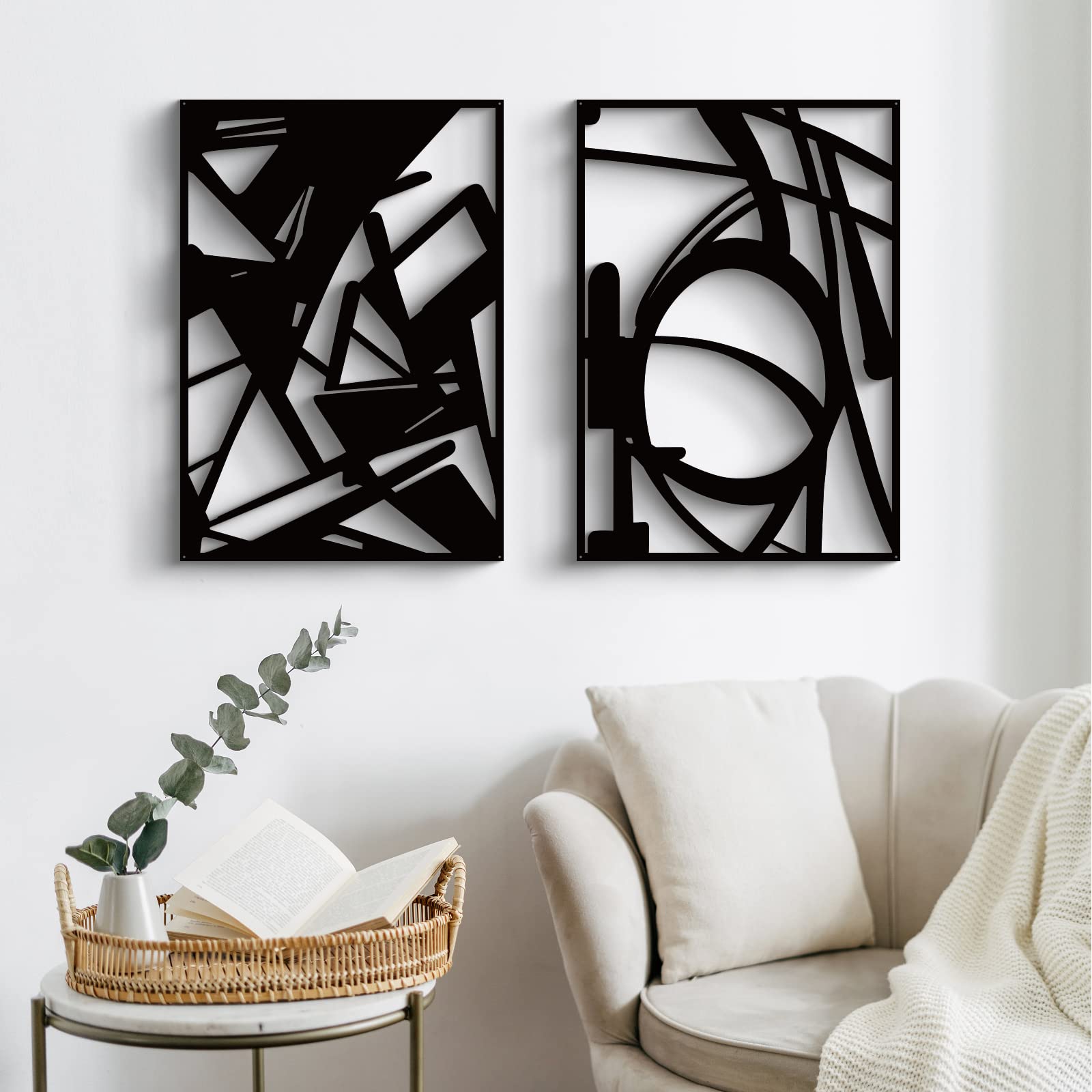 Glamativity 4-Piece Black Abstract Metal Wall Art Set - Minimalist Single Line Art Decor - 3D Textured Metal Wall Sculptures (16x11 Inch) - Modern Home Decor for Living Room, Bedroom, Bathroom & Office