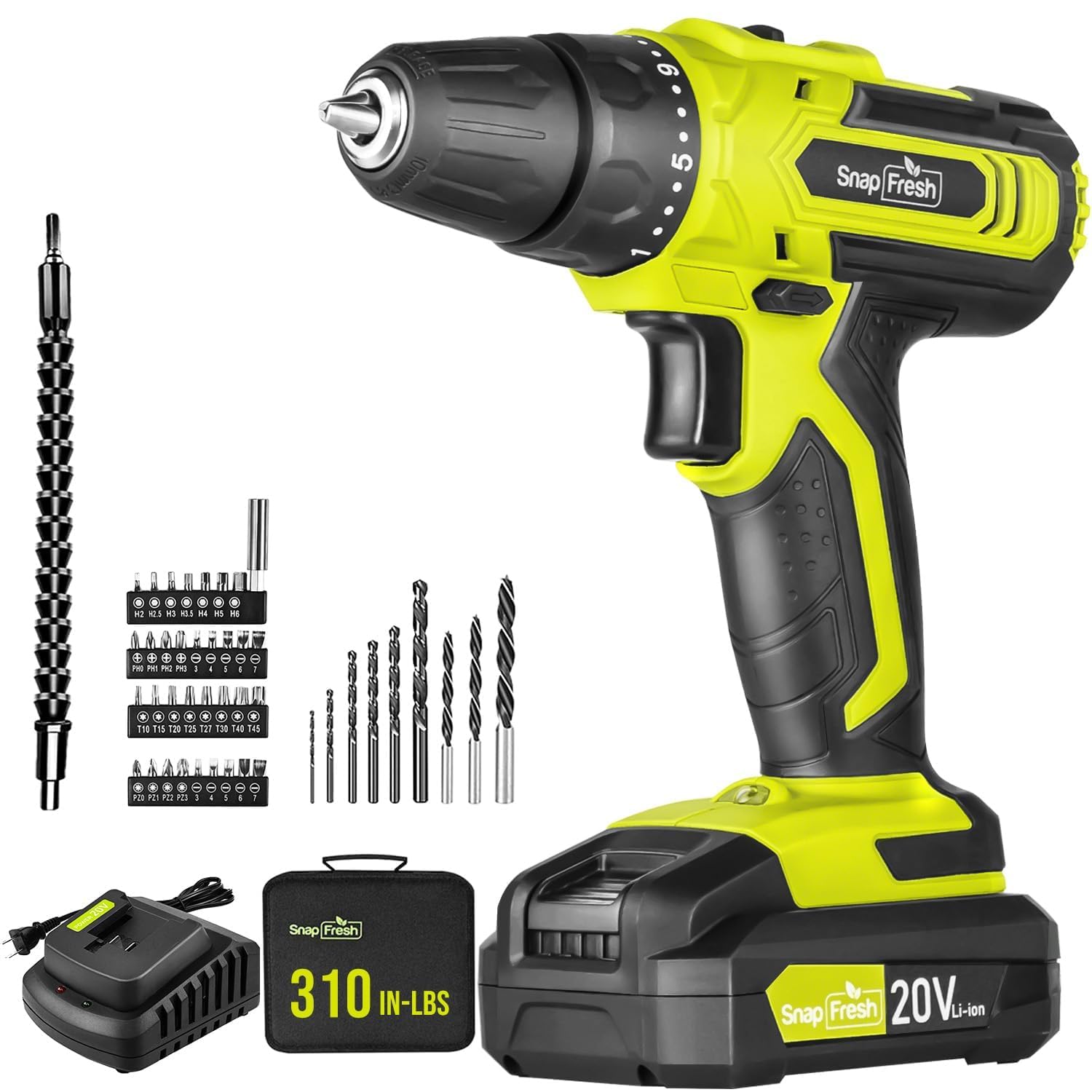 SnapFresh 20V Cordless Drill Set with 2.0Ah Battery & Fast Charger - 3/8