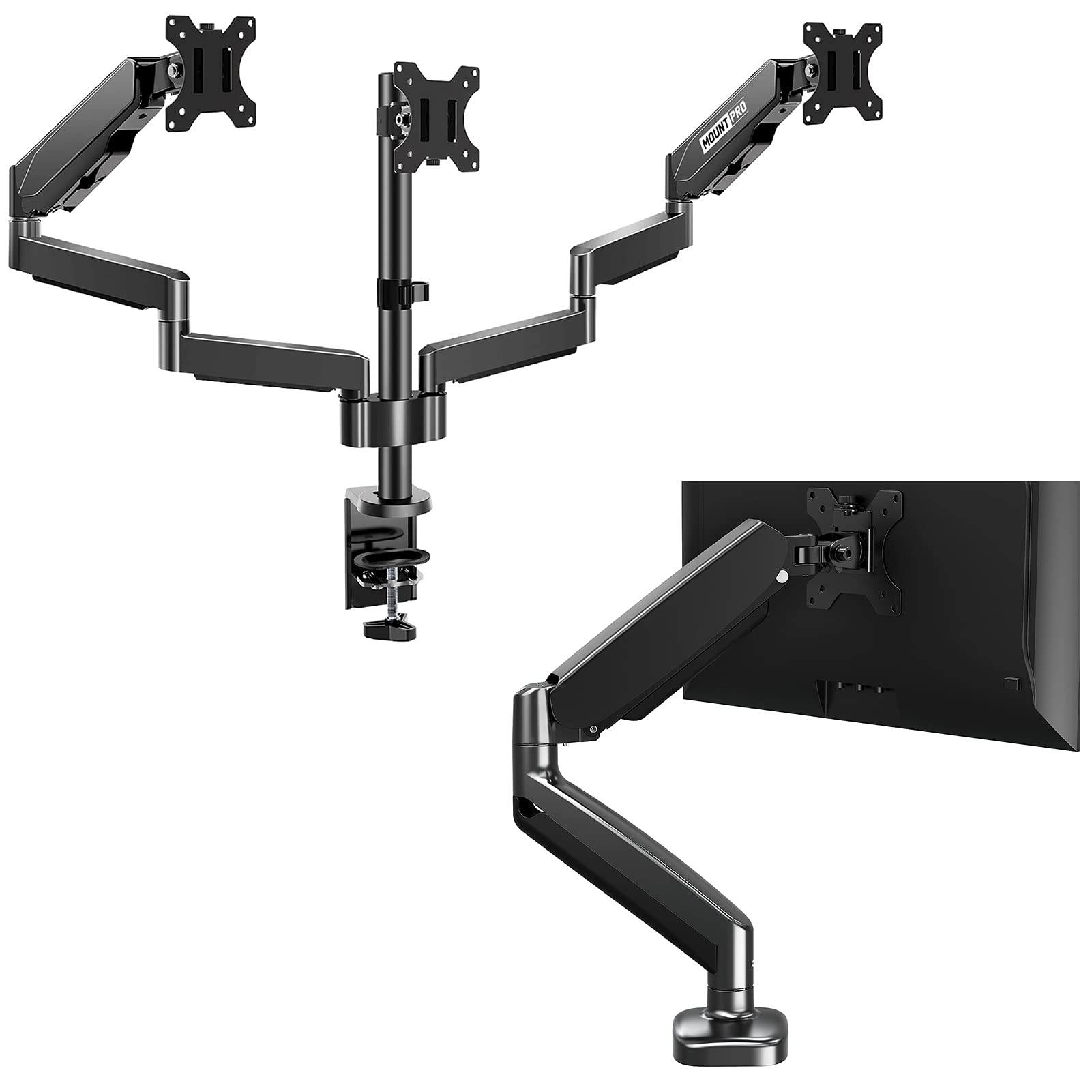 MOUNT PRO Triple Monitor Desk Mount & Single Monitor Arm - Adjustable Gas Spring Stand for 13 to 27 Inch Screens (VESA 75x75/100x100) | Perfect for Home Office, Gaming Setup & Multi-Tasking Workspaces