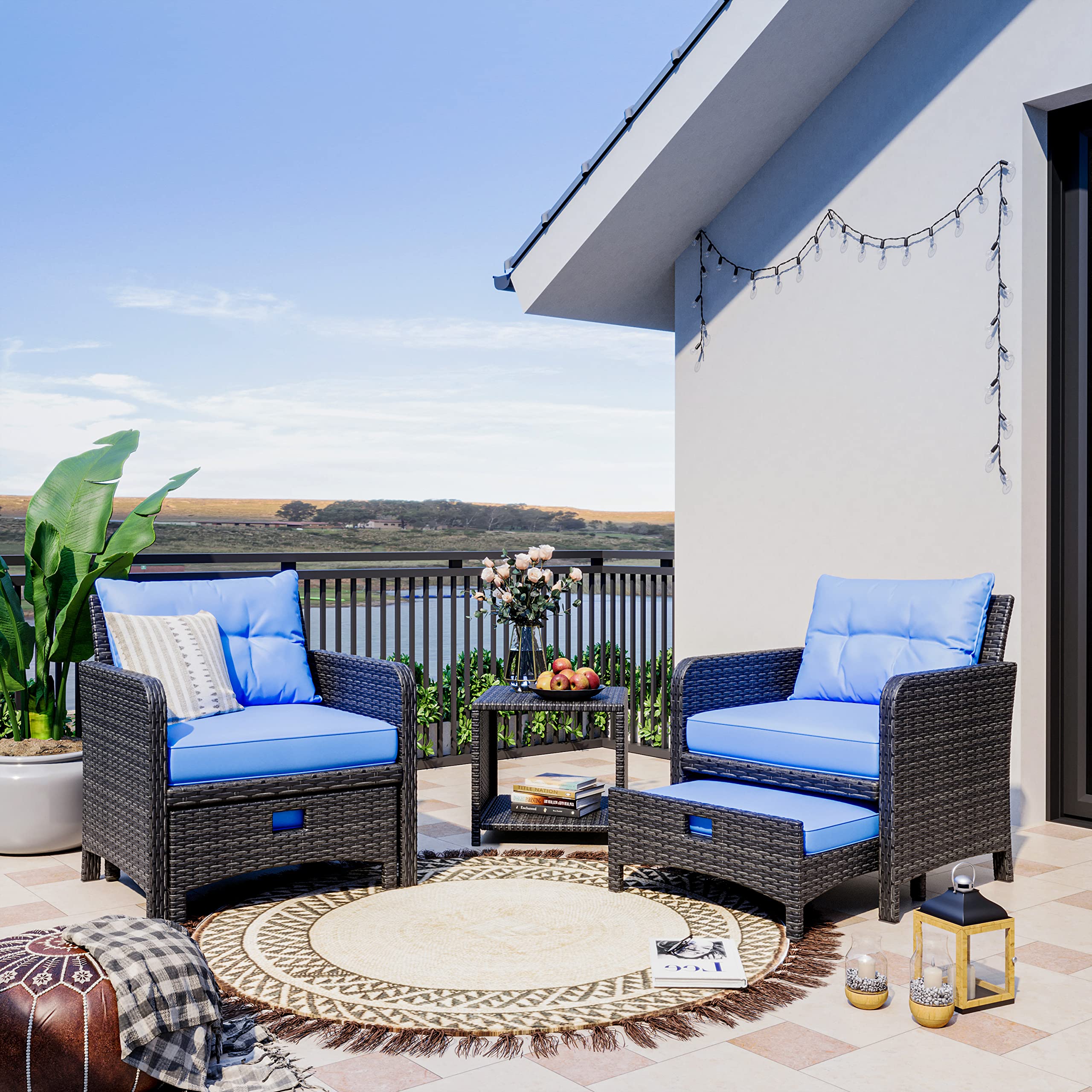 Pamapic 5-Piece Wicker Patio Furniture Set - Outdoor Rattan Chairs with Ottomans & Coffee Table - Blue Cushion & Black Wicker - Perfect for Porch, Garden, Balcony, Backyard, and Poolside Relaxation