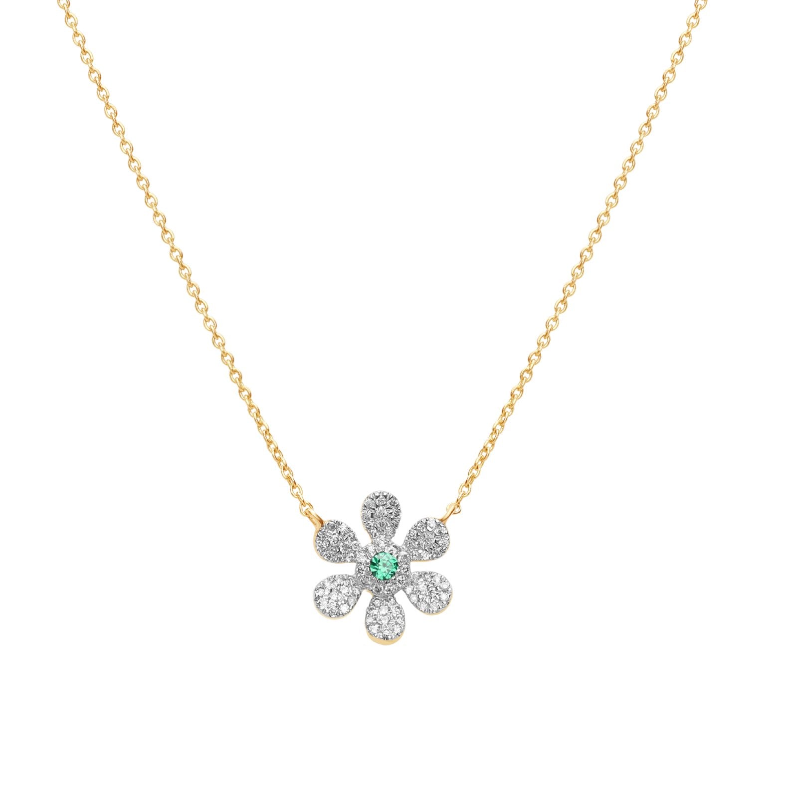 14k Yellow Gold Emerald & Diamond Pavé Flower Pendant Necklace | Elegant Jewelry Gift for Women | Perfect for Weddings, Anniversaries & Special Occasions