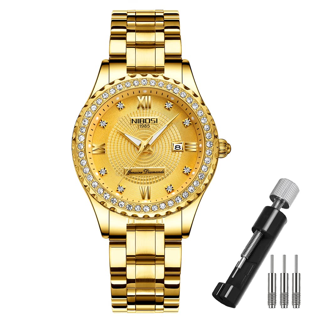 Luxury NIBOSI Women's Watches - Diamond Accent Gold & Silver Stainless Steel Analog Quartz Dress Watch with Luminous Hands, Waterproof, Day/Date Display - Perfect Gift for Wife, Mother, Daughter - Ideal for Office, Party, Wedding & Everyday Wear