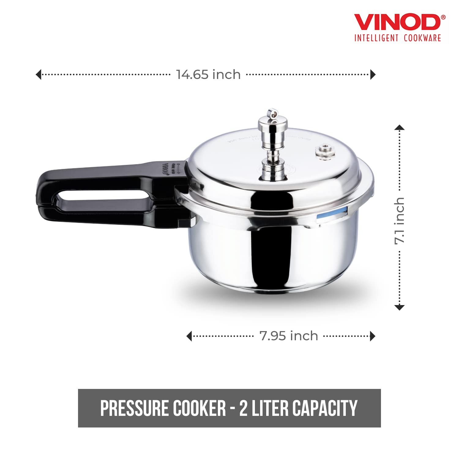 Vinod Stainless Steel 2-Liter Pressure Cooker with Outer Lid - Induction Base & Sandwich Bottom - Perfect for Indian Cooking, Soups, Rice, and Quinoa - Ideal for Home Kitchens & Healthy Meal Prep