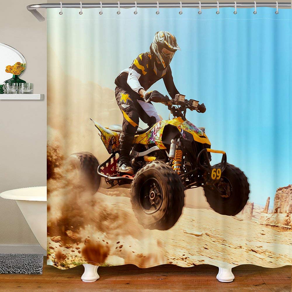 Waterproof Motorcycle Bath Curtain for Kids & Teens - ATV Rider Themed Shower Curtain with 12 Hooks, 72x78 Inches - Perfect for Boys' Bathroom, Bathtub, and Motorcycle Enthusiast Decor