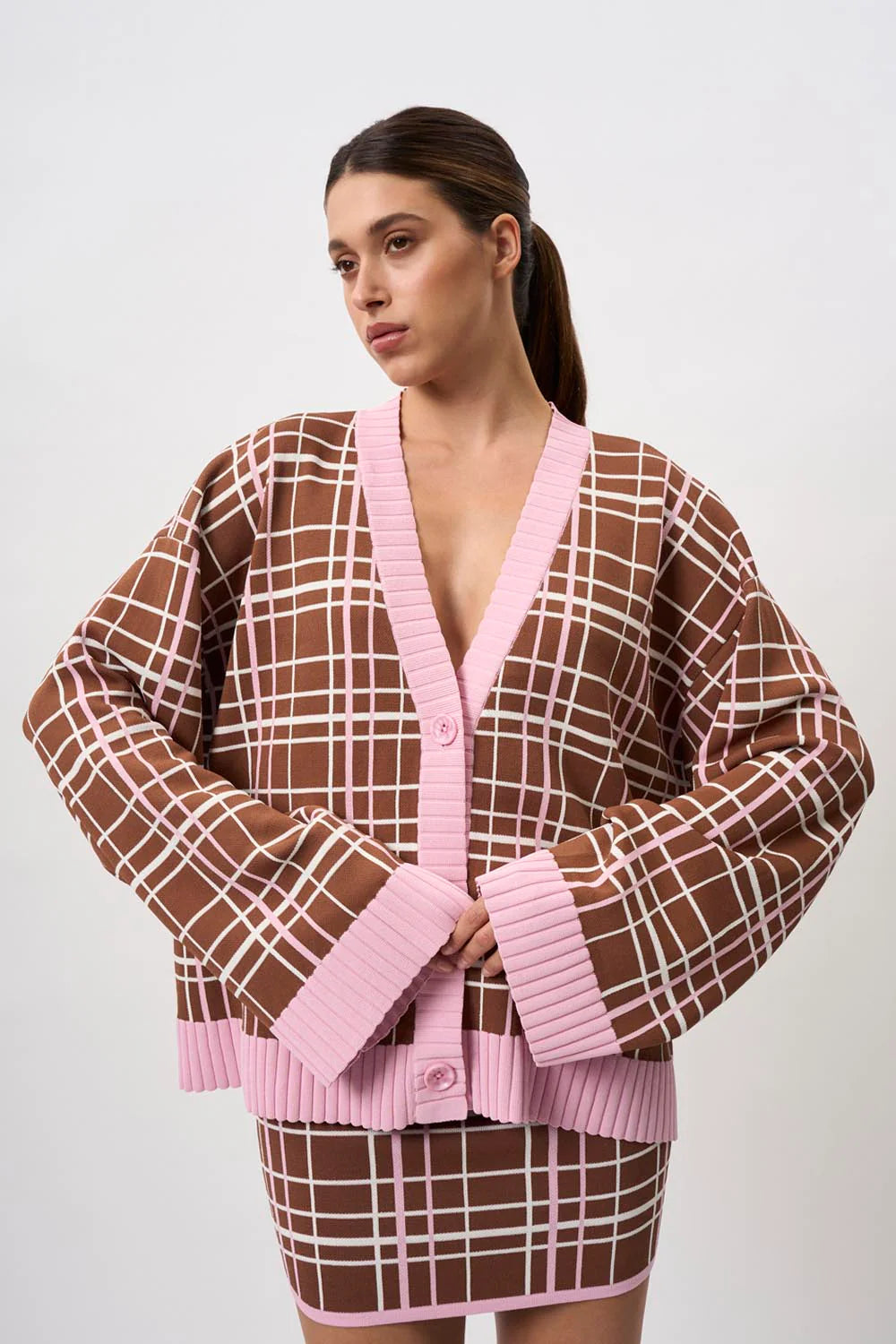 Carolina Check Knit Cardigan Sweater - Brown & Pink Color | Cozy Fall & Winter Fashion for Women