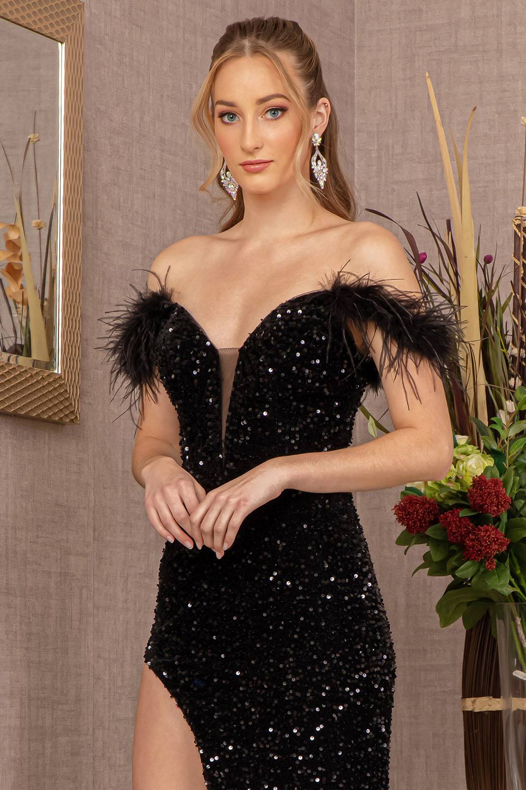 Elizabeth K GL3149 Sparkling Sequin Cut Away Velvet Mermaid Evening Gown - Perfect for Prom, Gala, Wedding & Formal Events