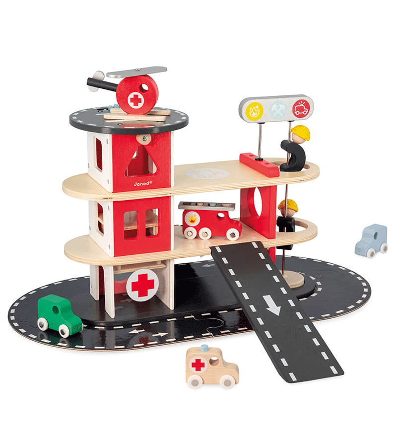 Janod Bolid Fire Station Toy - Wooden Fire Truck Playset for Kids, Pretend Play & Imaginative Learning - Perfect for Preschoolers & Toddlers (Indoor Play, Birthday Gifts, Daycare Activities)
