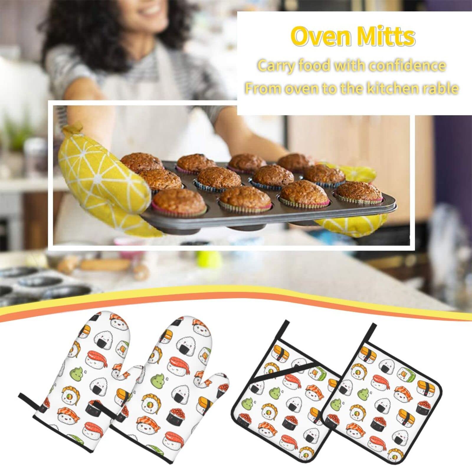 Japanese Kawaii Sushi Oven Mitts & Pot Holders Set of 4 - Heat Resistant Kitchen Gloves for Cooking, Baking, Grilling & BBQ - Perfect for Home Chefs & Sushi Lovers