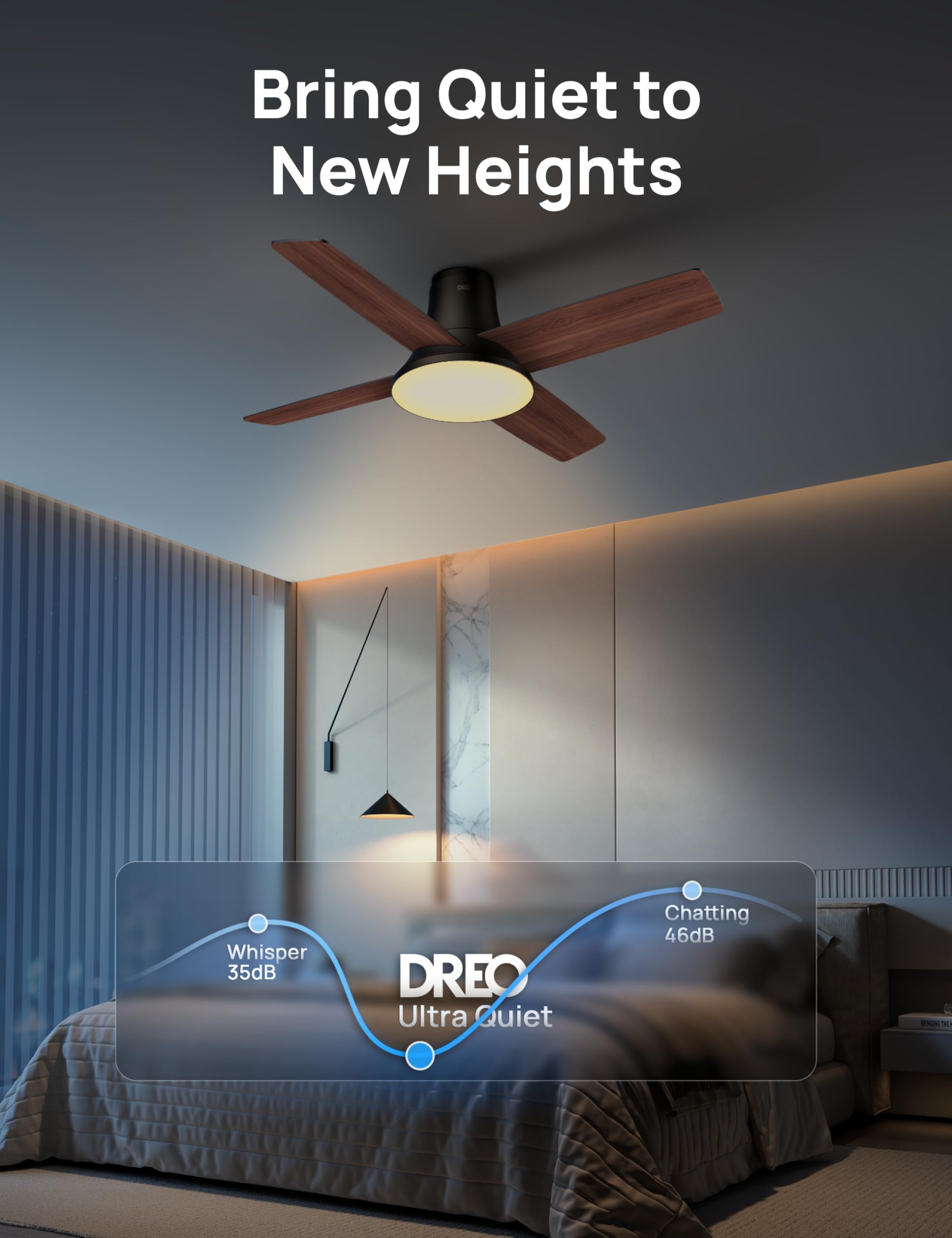 Dreo 44 Inch Low Profile Black Ceiling Fan with Lights and Remote Control - Reversible Blades, 5CCT, 6-Speed & 6-Level Dimmable, Ultra Quiet, Easy Installation, Timer Function - Perfect for Bedroom, Living Room, and Office Spaces