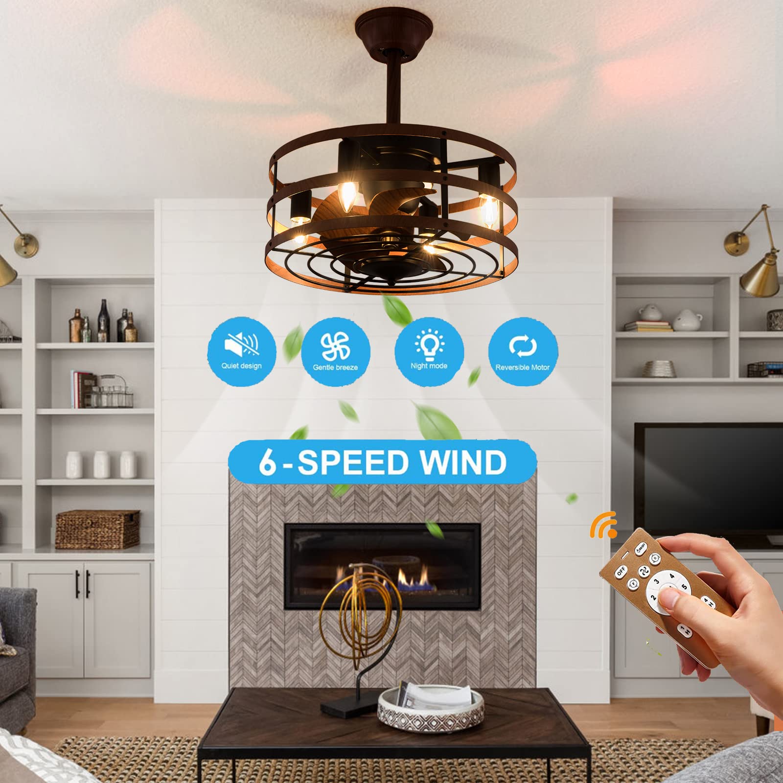 18 Inch Rustic Farmhouse Ceiling Fan with Lights & Remote Control - Wooden Rings Framed Modern Design for Small Bedroom (Down Rod Mount, Brown) | Perfect for Home, Office, and Indoor Spaces