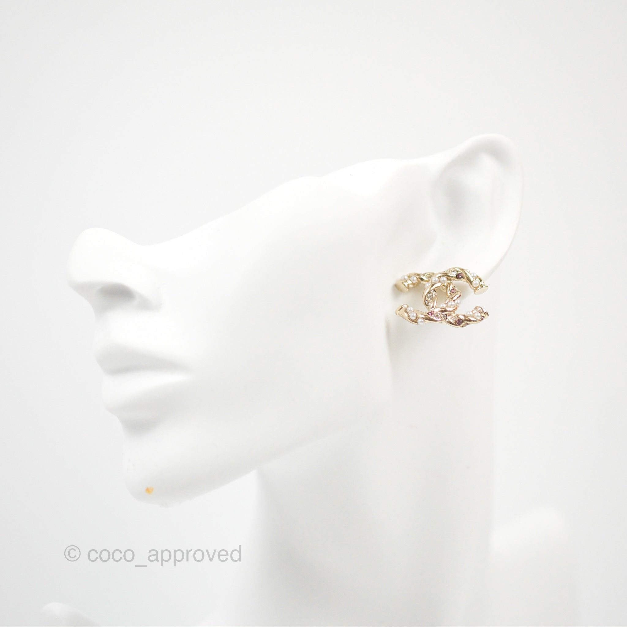 Chanel CC Pearl Crystal Twist Earrings in Gold Tone - Luxury Fashion Jewelry for Women | Perfect for Parties, Weddings & Special Occasions