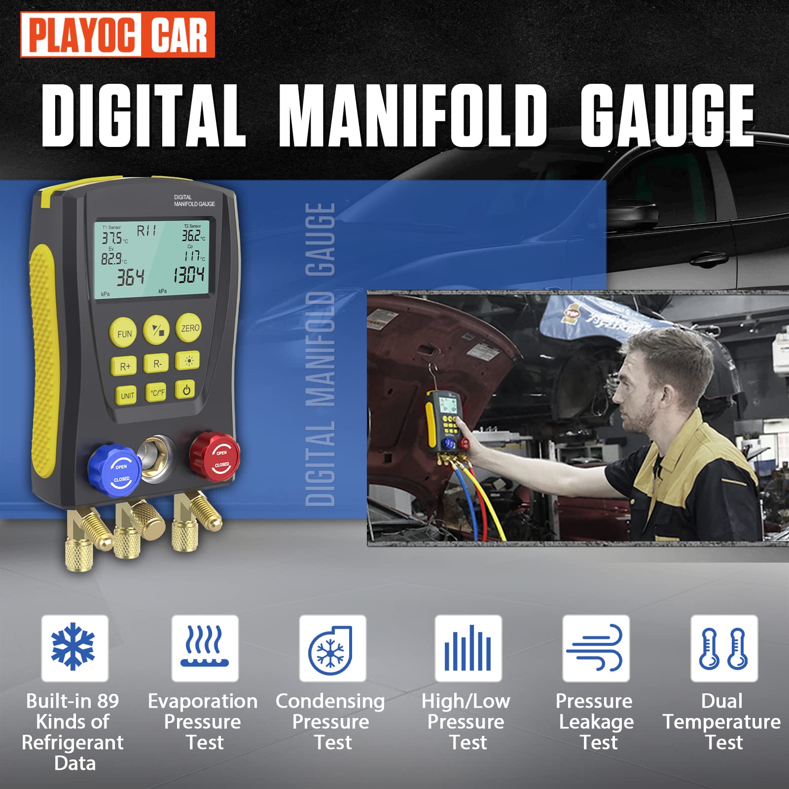 PLAYOCCAR Digital HVAC Manifold Gauge Kit - Professional Refrigeration Vacuum Pressure Temperature Leak Tester Set for AC, Refrigerator & Cooling Systems Maintenance - Includes Test Clip & Pipe - Ideal for HVAC Technicians & DIY Home Repairs