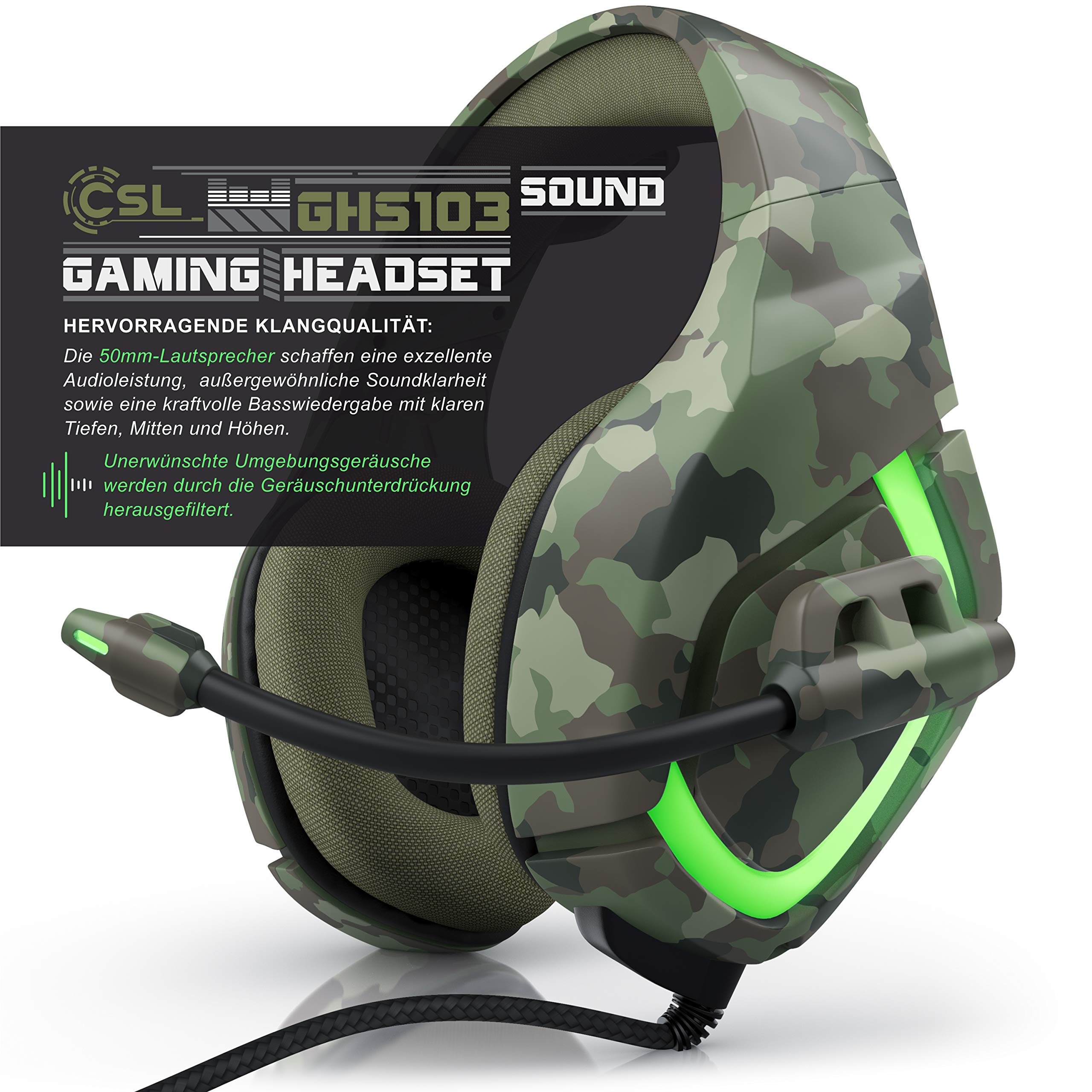 CSL Wired Gaming Headset with Microphone - Over-Ear Noise Cancelling Headphones, USB Plug & Play for PC, Laptop, PS5, Xbox - Perfect for FPS Games & Online Chat (Camouflage Design)