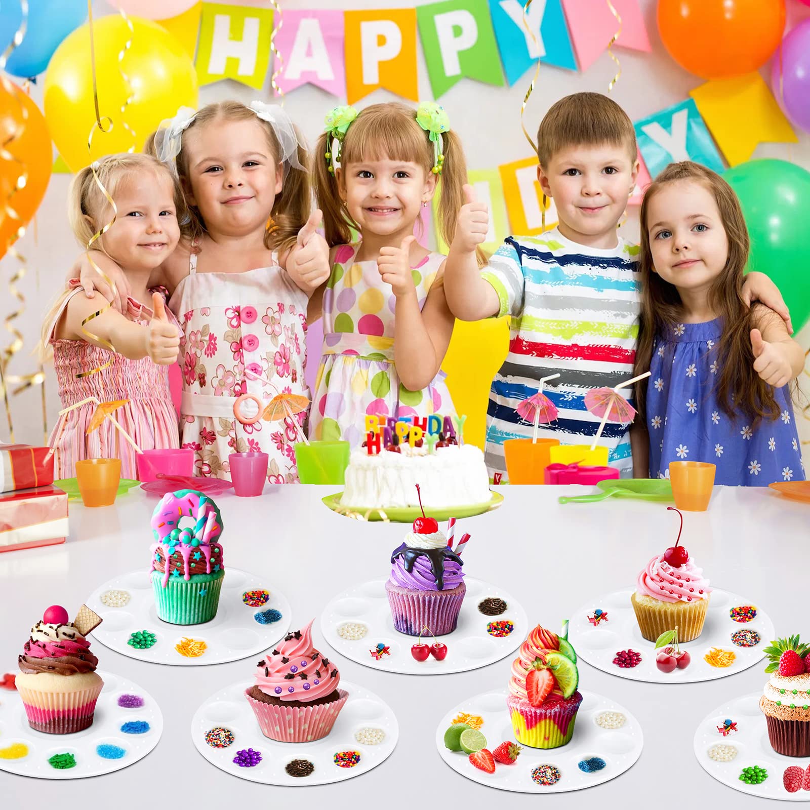 AIERSA 10-Piece Cupcake Decorating Plates Set for Kids Birthday Parties - Non-Slip Dessert Sprinkles Tray with 10 Wells - Fun Baking Supplies for Birthday Cakes, Cupcakes & Party Treats - Perfect for DIY Decorating, Classroom Activities & Family Baking Time