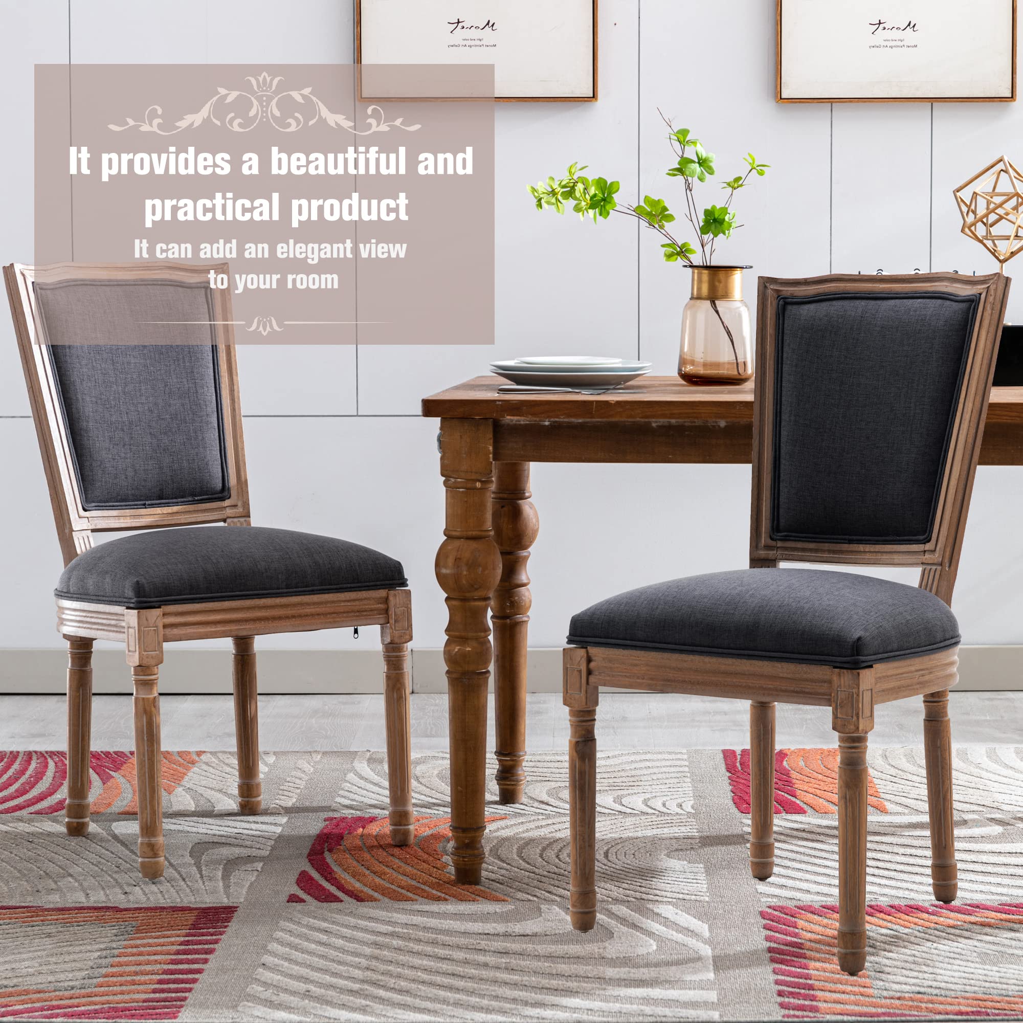Nrizc Farmhouse Dining Chairs Set of 4 - French Countryside Square Back Bistro Chairs with Brown Wood Legs in Dark Grey | Perfect for Dining Room, Kitchen, Living Room & Restaurant Decor