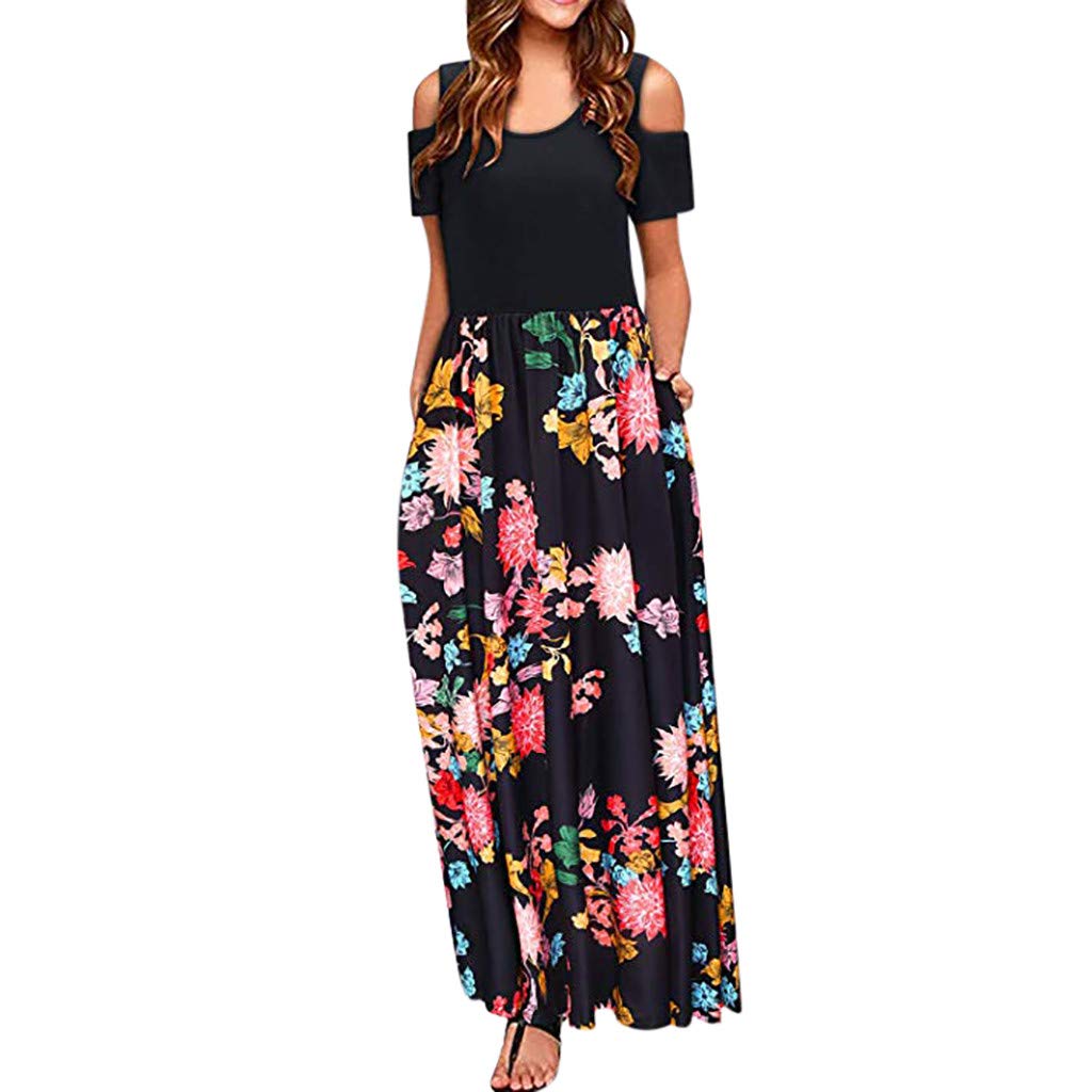 AODONG Women's Summer Floral Cold Shoulder Maxi Dress with Pockets - Casual Long Sundress for Beach, Vacation & Outdoor Parties