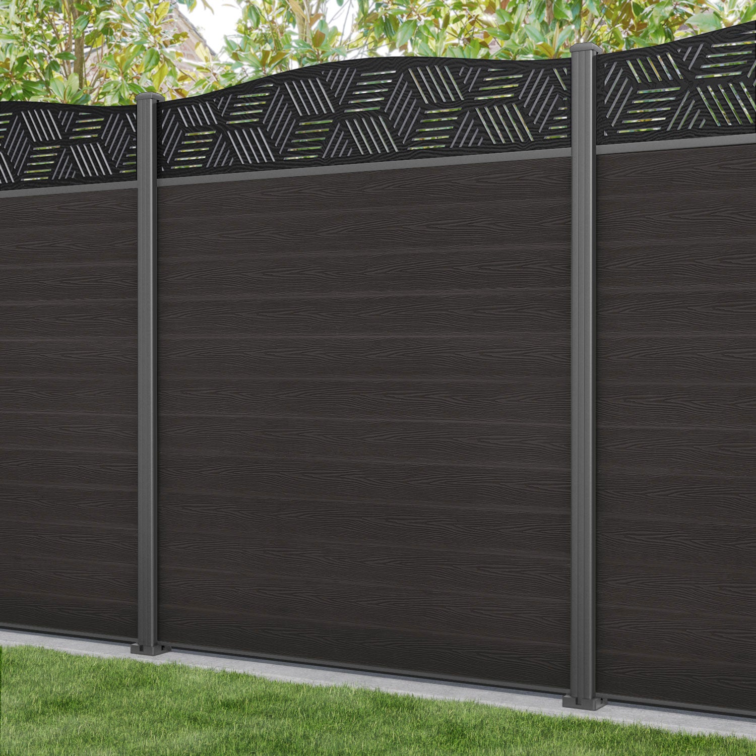 Classic Cubed Curved Top Fence Panel - Dark Oak Wood with Aluminum Posts | Privacy Fencing for Backyard, Garden & Outdoor Decor