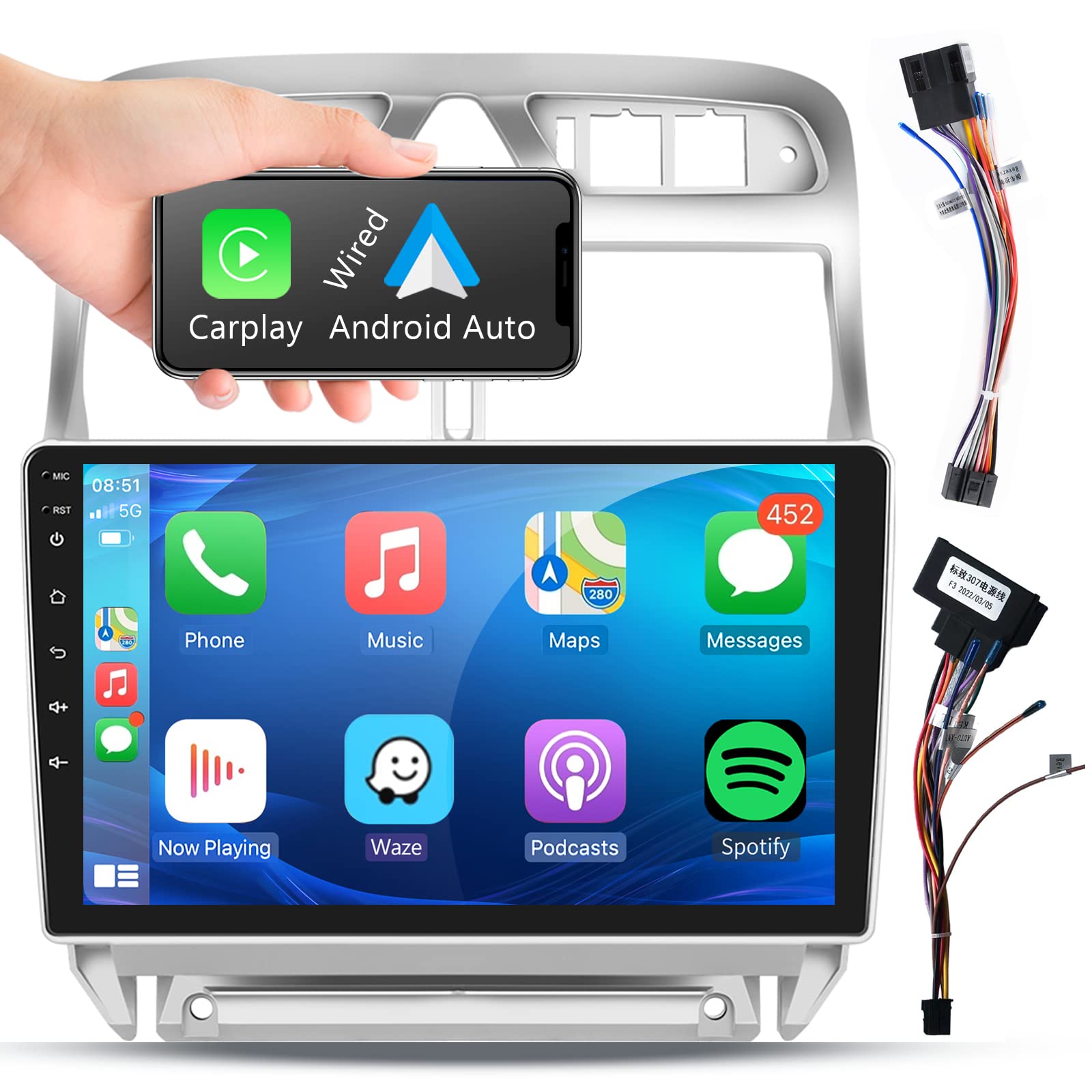 Podofo 9 Inch CarPlay Android Auto Touch Screen Radio for Peugeot 307 (2002-2013) - GPS Navigation, WiFi, Bluetooth, FM RDS, USB - High-Quality Car Stereo Player for Enhanced Driving Experience