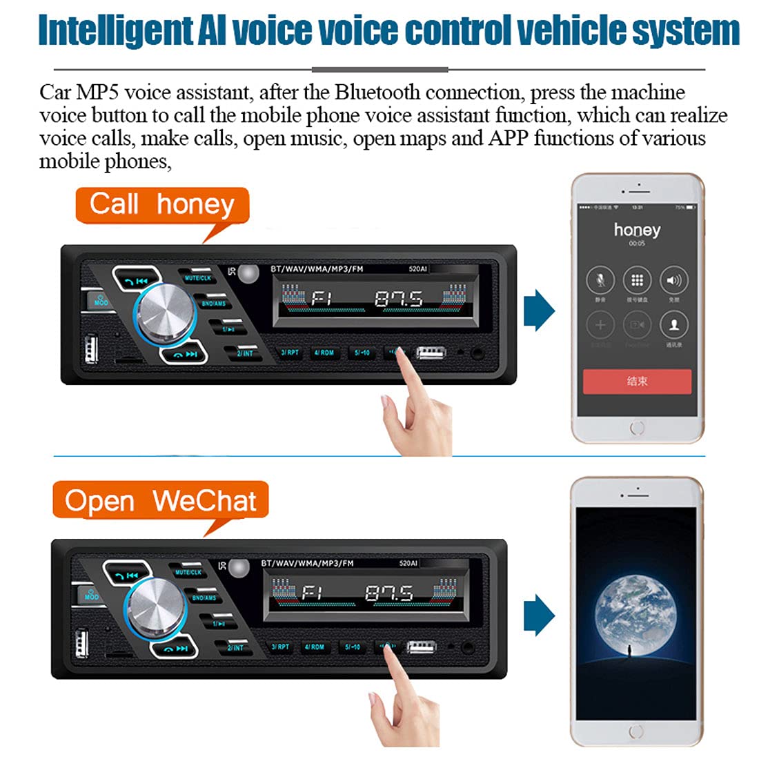 VIGORFLYRUN 24V Bluetooth Car Stereo with MP3 Player, Hands-Free Calling, FM Radio, Dual USB Ports, TF/AUX Input, Voice Control & Remote Control - Perfect for Truck, SUV, and Off-Road Vehicles