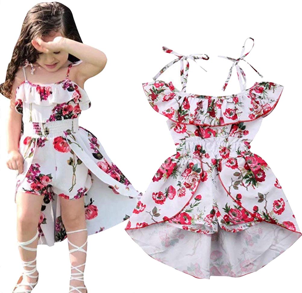 EGELEXY Girls Floral Off-Shoulder Dress - Summer Ruffled Romper Jumpsuit for Kids, Perfect for Birthday Parties & Beach Vacations
