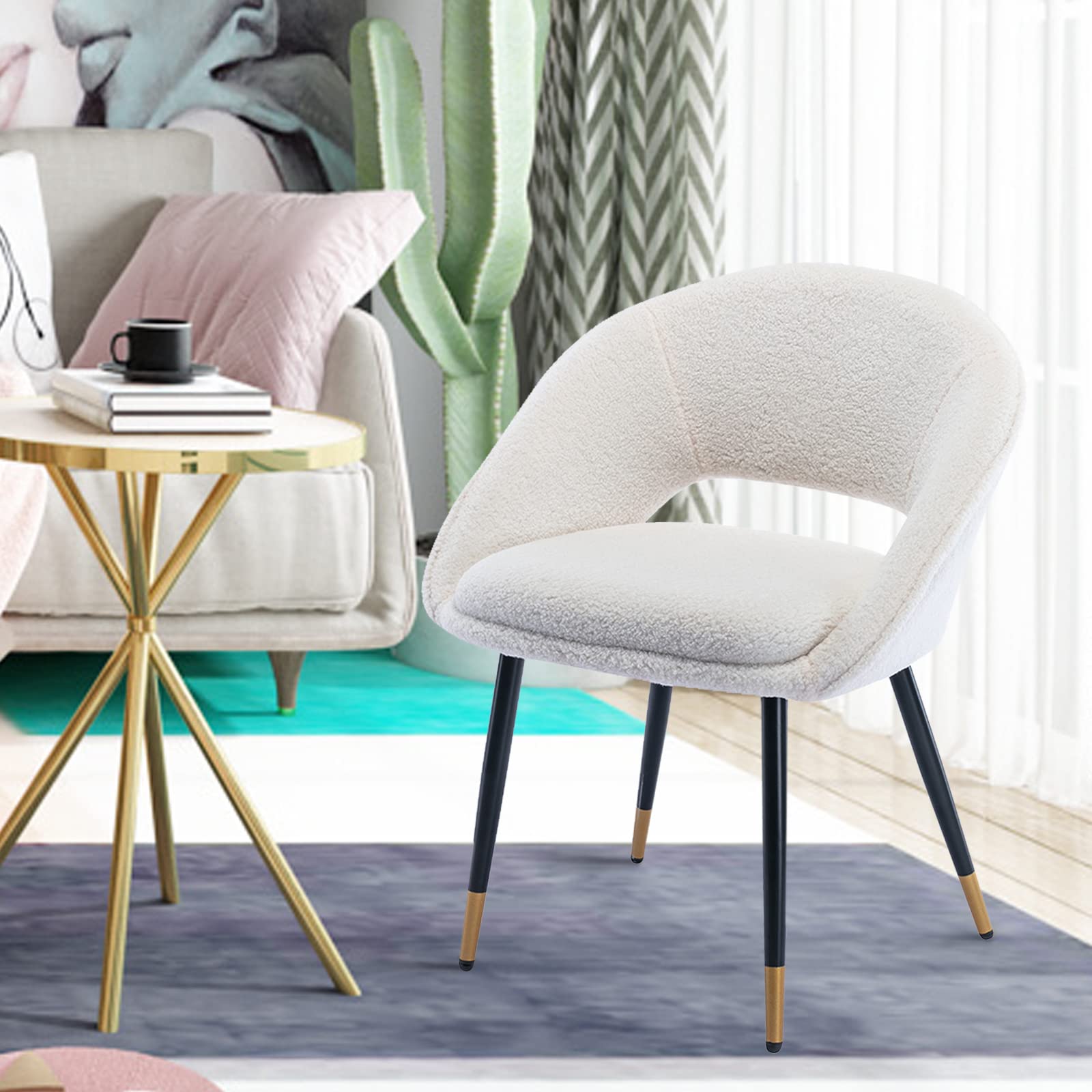 HomVent Faux Fur Makeup Vanity Chair - Modern Home Office & Dining Chair with Sturdy Metal Legs, White (Set of 2) - Perfect for Bedroom, Living Room & Beauty Station