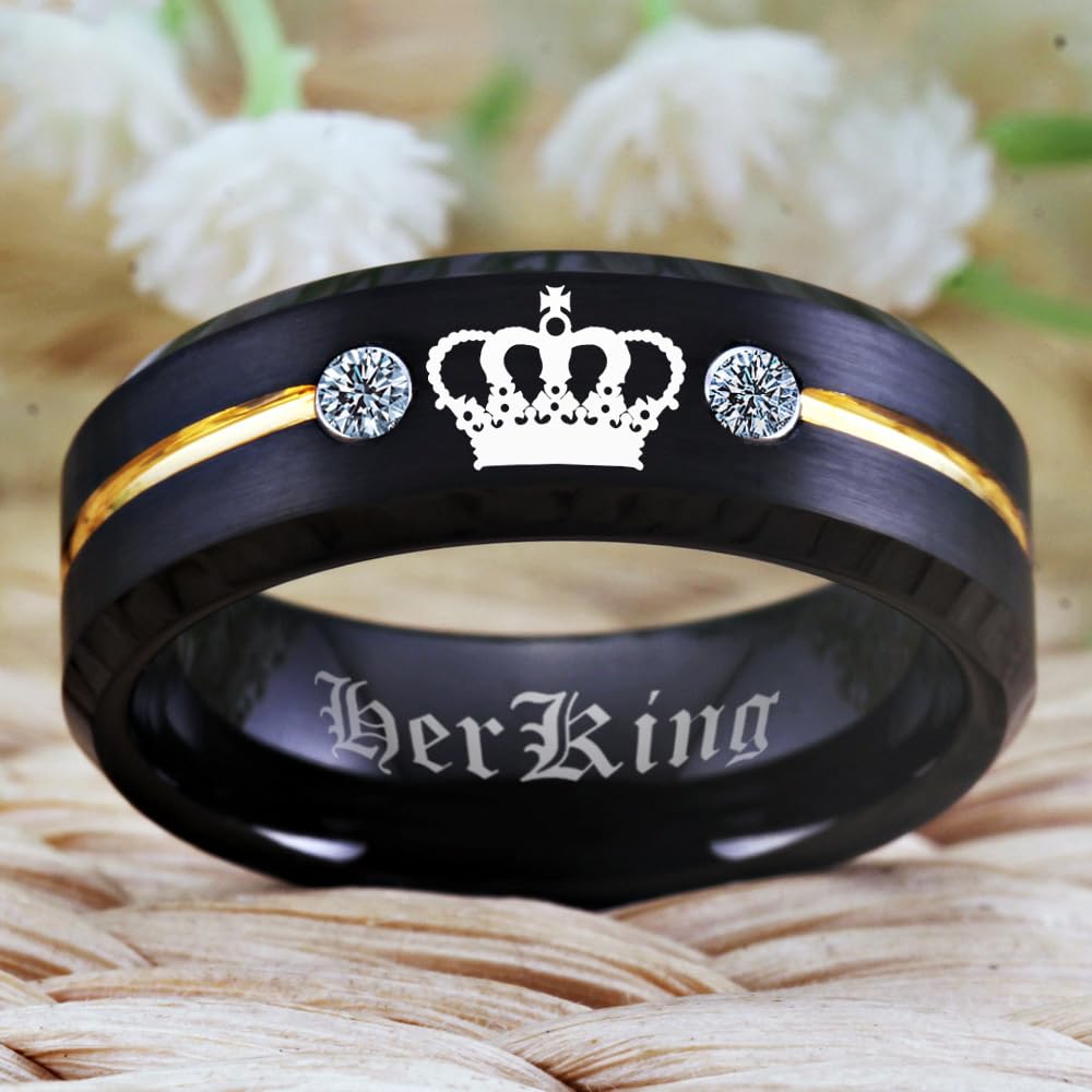 Custom Engraved His & Hers Tungsten Carbide Wedding Bands - King and Queen Promise Rings for Couples, Black Matching Set with White CZ Stones - Perfect for Engagements, Anniversaries and Romantic Gifts