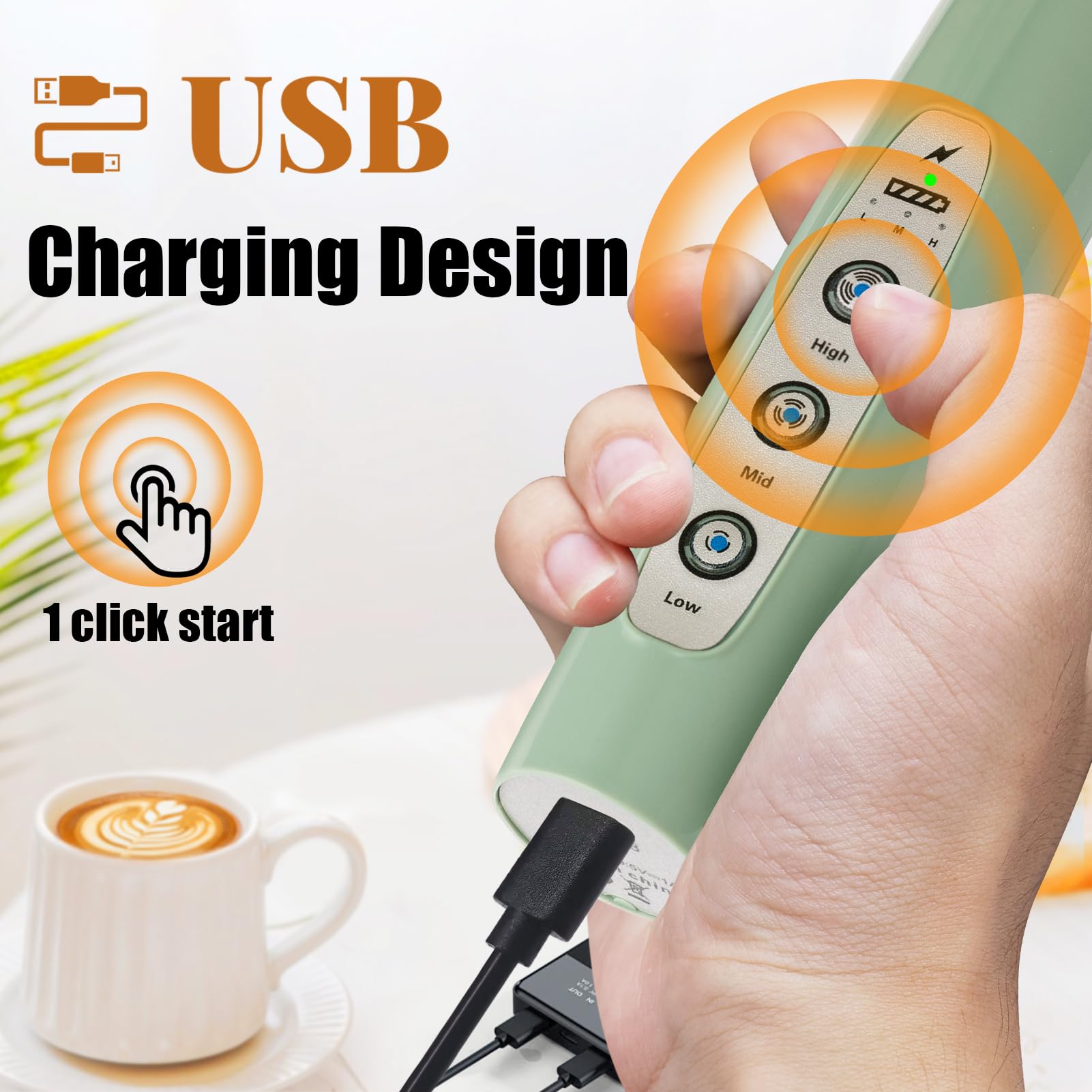 Nahida Rechargeable Electric Milk Frother Wand for Coffee, Latte & Cappuccino with Stand - Granite Gray - Perfect for Home, Office & Coffee Shops