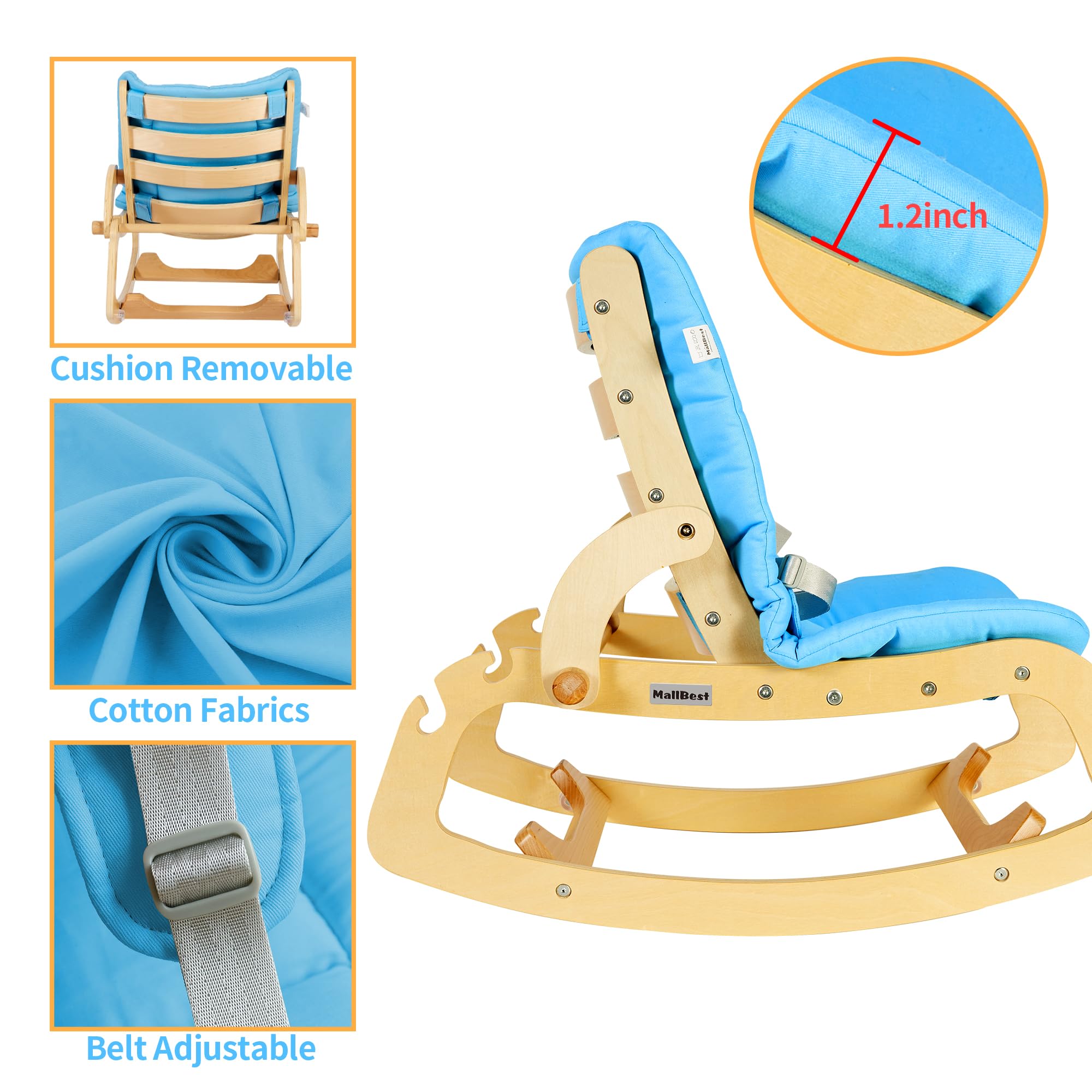 MallBest 3-in-1 Adjustable Baby Bouncer Rocker Chair - Convertible Wooden Infant to Toddler Recliner with Removable Cushion & Safety Belt (Blue) | Perfect for Nursery, Playroom & Travel | Gentle Rocking Motion for Soothing & Playtime