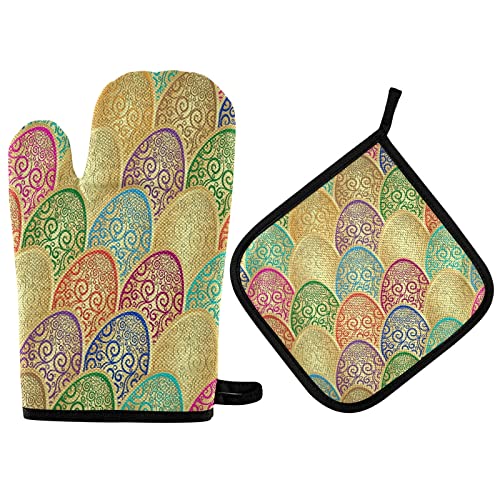 Vintage Lacy Golden Easter Egg Oven Mitts & Pot Holder Set - Heat Resistant Kitchen Gloves for Baking, Grilling, BBQ - Cute Easter Decor & Cooking Accessories for Stove, Oven & Holiday Kitchen Decor
