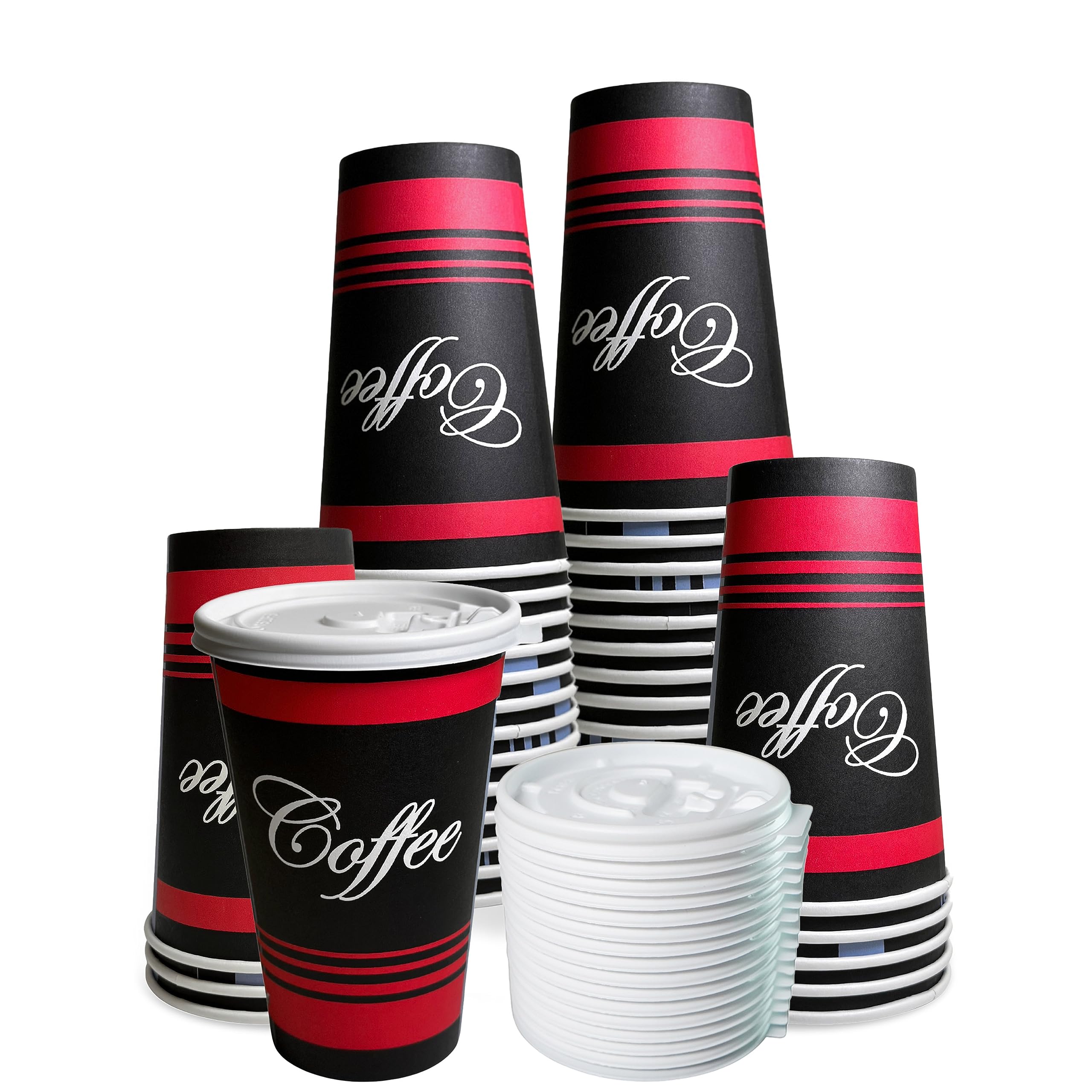 EcoQuality 16 oz Disposable Paper Hot Cups with White Lids - 100 Count Durable Coffee Cups for Hot & Cold Drinks, Tea, Cocoa - Perfect for Office, Travel, Parties & Cafes (16 Ounce Bulk Pack)
