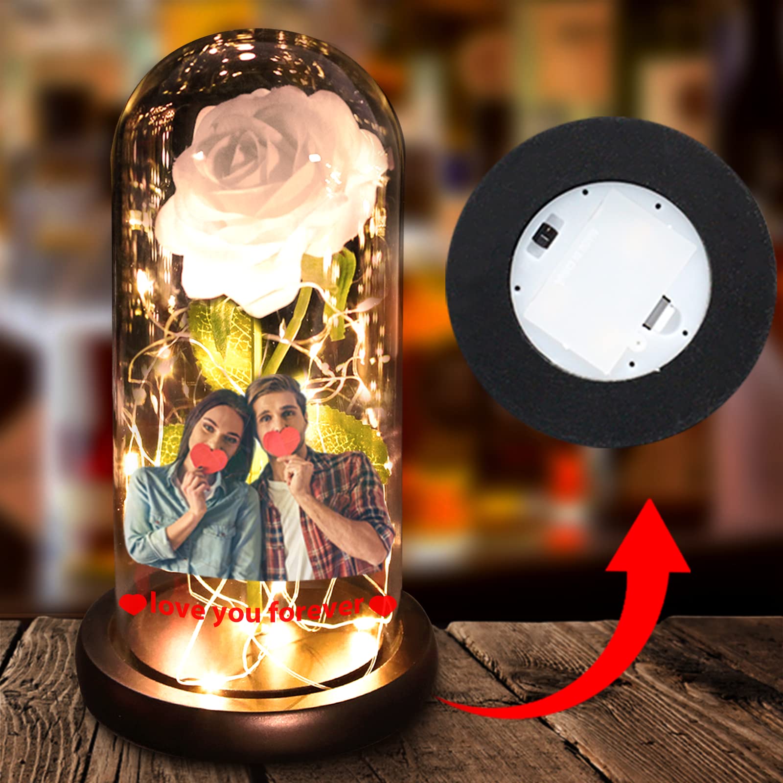 Custom Photo Rose Light - Personalized LED Rose in Glass Dome with Picture Text, Eternal Flower Lamp for Mother's Day, Valentine's, Anniversary & Birthday Gifts | Romantic Home Decor, Bedroom Night Light, Wedding Centerpiece