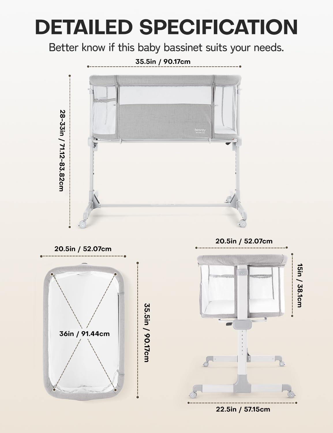 Besrey Baby Bassinet Bedside Sleeper – Breathable Mesh Crib for Newborns with Comfort Mattress, 7-Level Height Adjustment & 360° Swivel Wheels – Portable Infant Bed with Storage Pockets for Nursery, Bedroom, and Travel