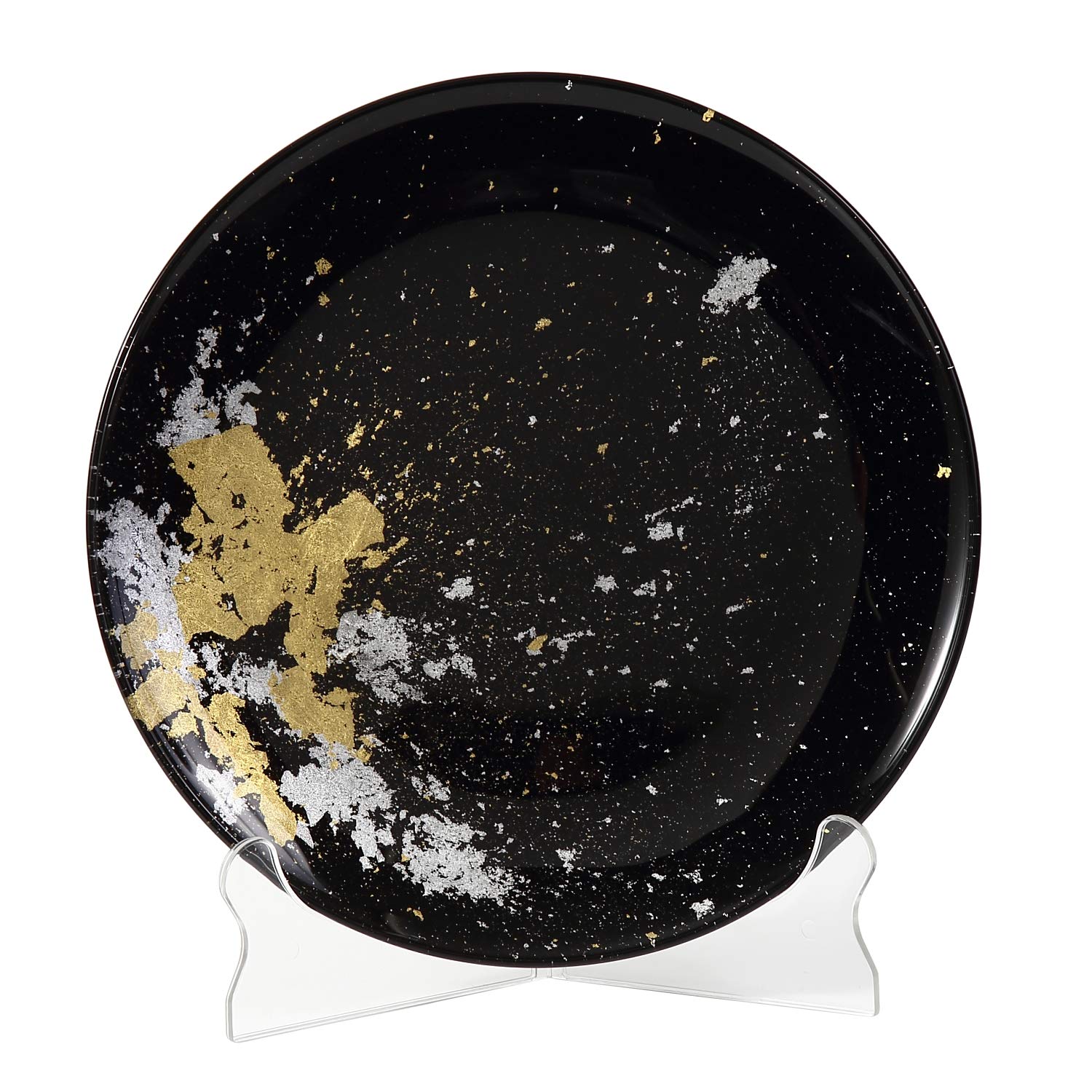 Japanese Urushi Glass Flat Dinner Plate 11-inch - Elegant Jet Black with Gold Leaf Design, Dishwasher Safe - Perfect for Fine Dining, Wedding Receptions & Upscale Dinner Parties