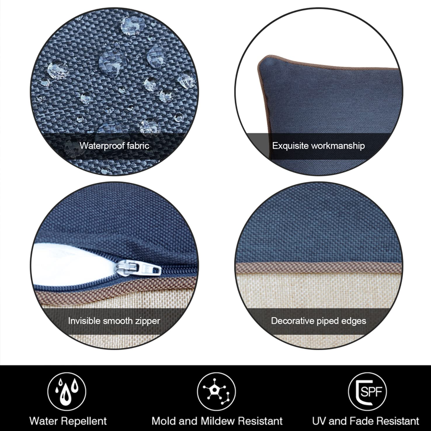 Waterproof Outdoor Lumbar Pillows Set of 2 - 10x18 Inch Rectangle Patio Cushions for Garden, Poolside & Porch Furniture - Decorative Beige & Navy Waist Pillows for Lounge Chairs, Daybeds & Outdoor Seating