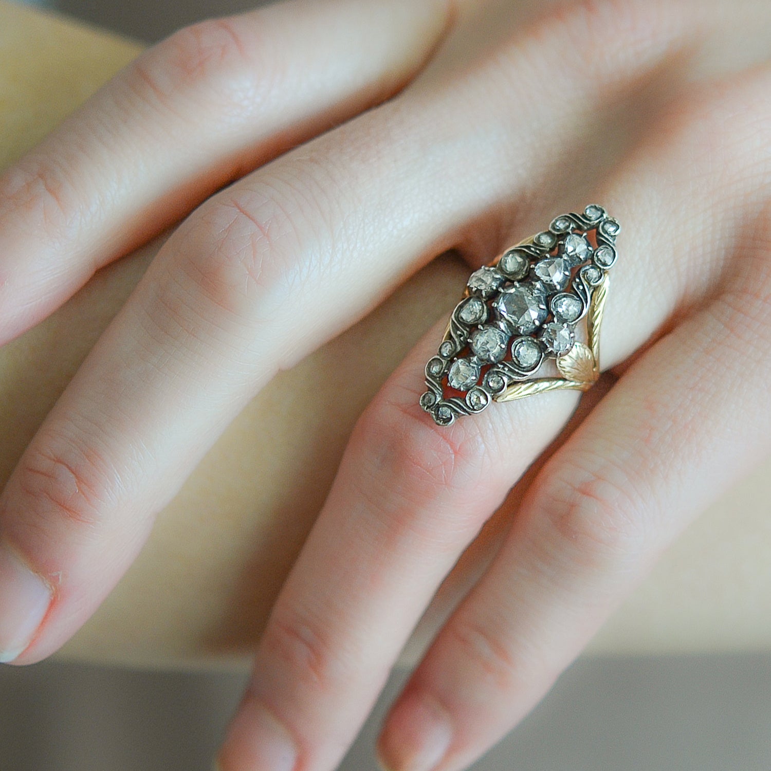 Victorian Style 14K Gold & Sterling Silver Foil Backed Diamond Navette Ring - 0.90ctw Total Weight | Elegant Vintage Jewelry for Weddings, Anniversaries & Special Occasions