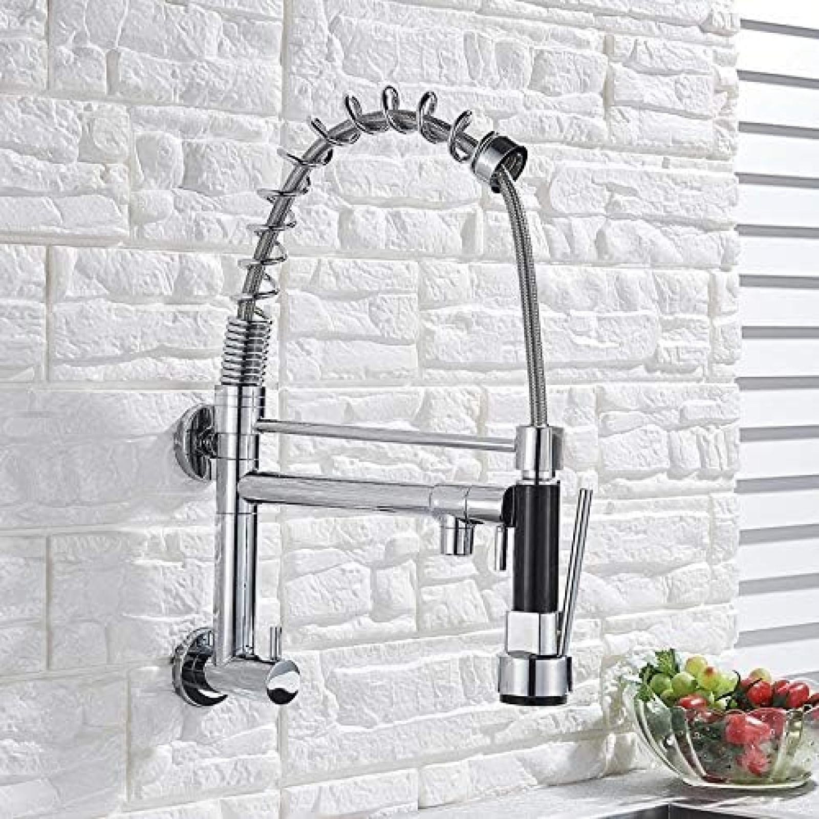 CRJUS Chrome Brass Kitchen Faucet - Dual Swivel Spout Vessel Sink Mixer Tap with Spring - Wall Mounted Bathroom & Kitchen Faucet for Modern Homes | Perfect for Bathroom Vanities, Kitchen Islands & Wet Bars