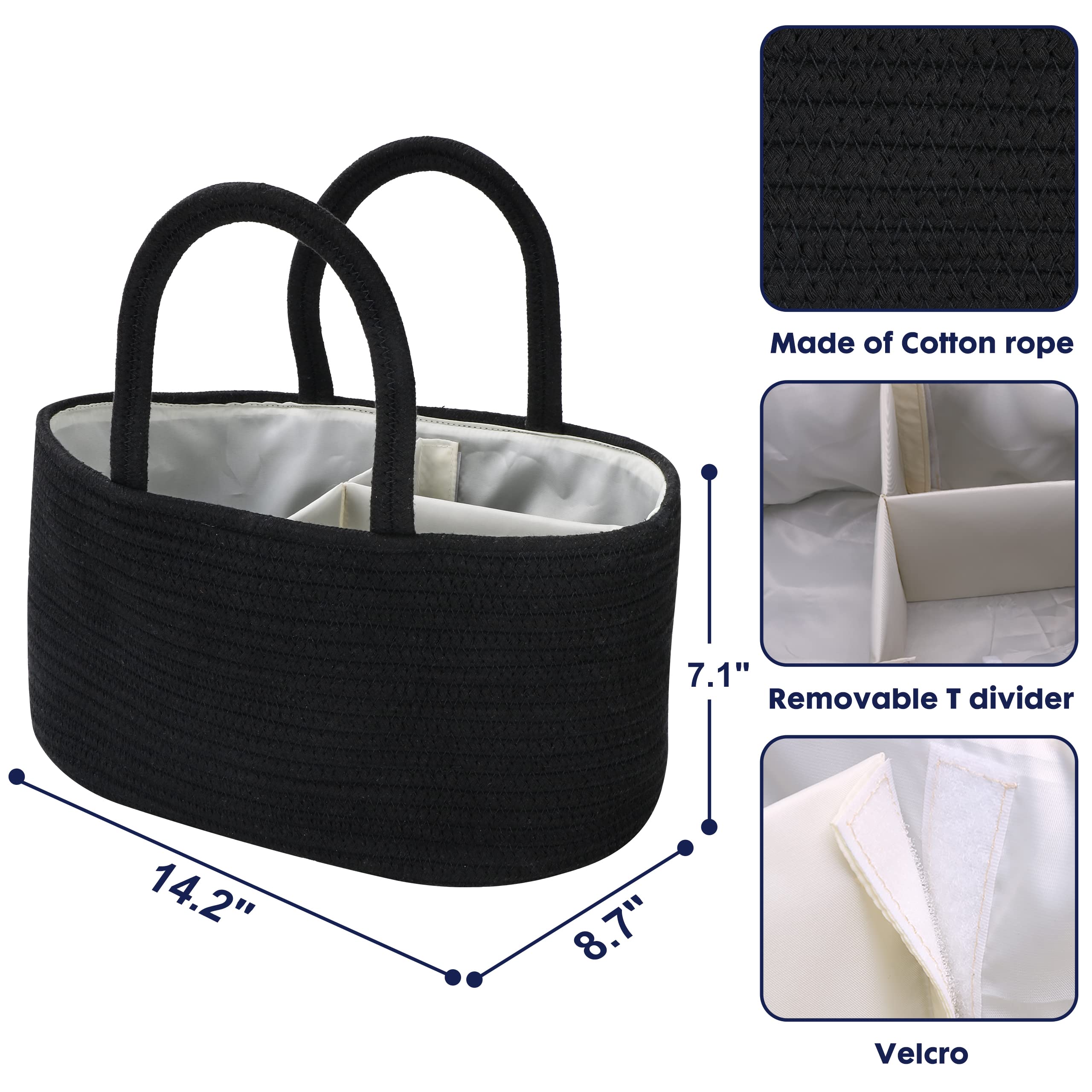 **Portable Baby Diaper Caddy Organizer - Cotton Rope Storage Bin Basket for Nursery, Changing Table & Travel - Perfect Baby Shower Gift & Registry Must-Have (Black)**    *(Great for organizing diapers, wipes, creams & newborn essentials at home or on-the-go!)*