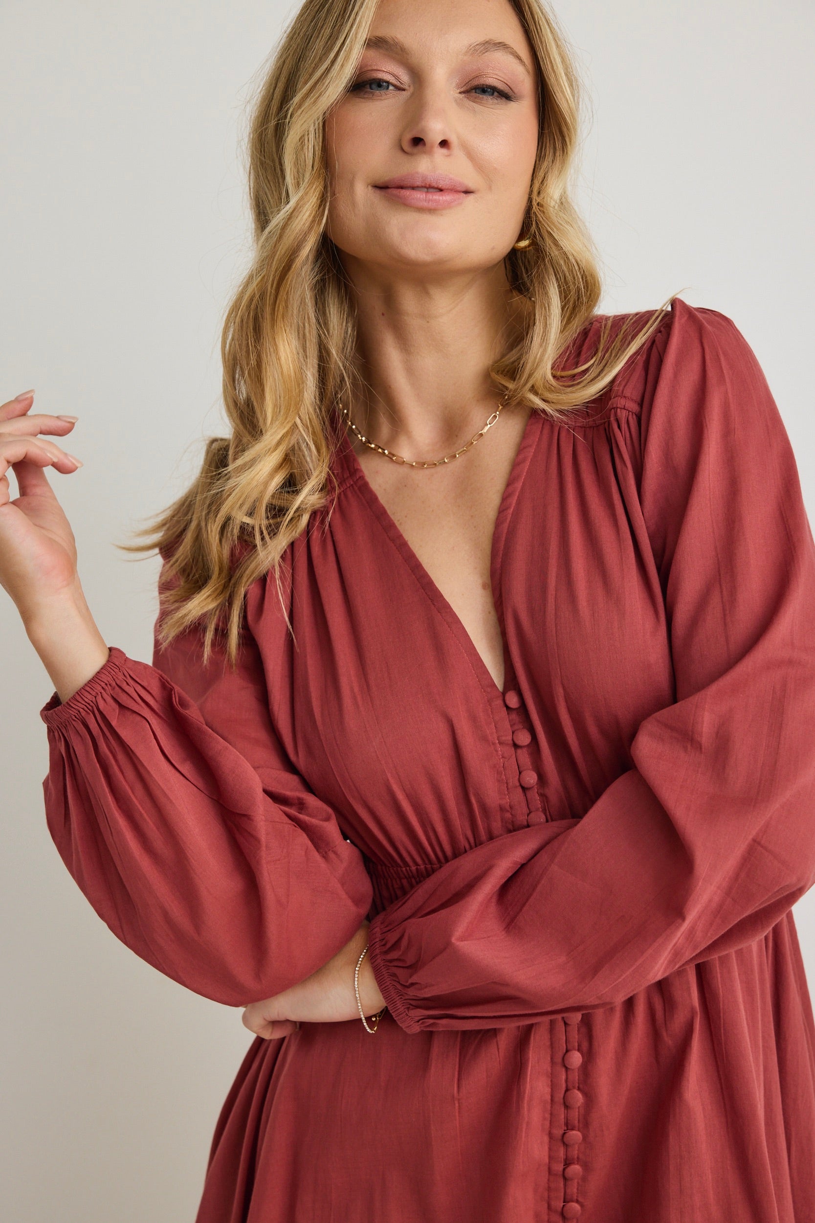 Gala Clay Long Sleeve Button Front Tiered Maxi Dress for Women | Elegant Boho Chic Flowy Dress for Fall Weddings, Parties & Special Occasions