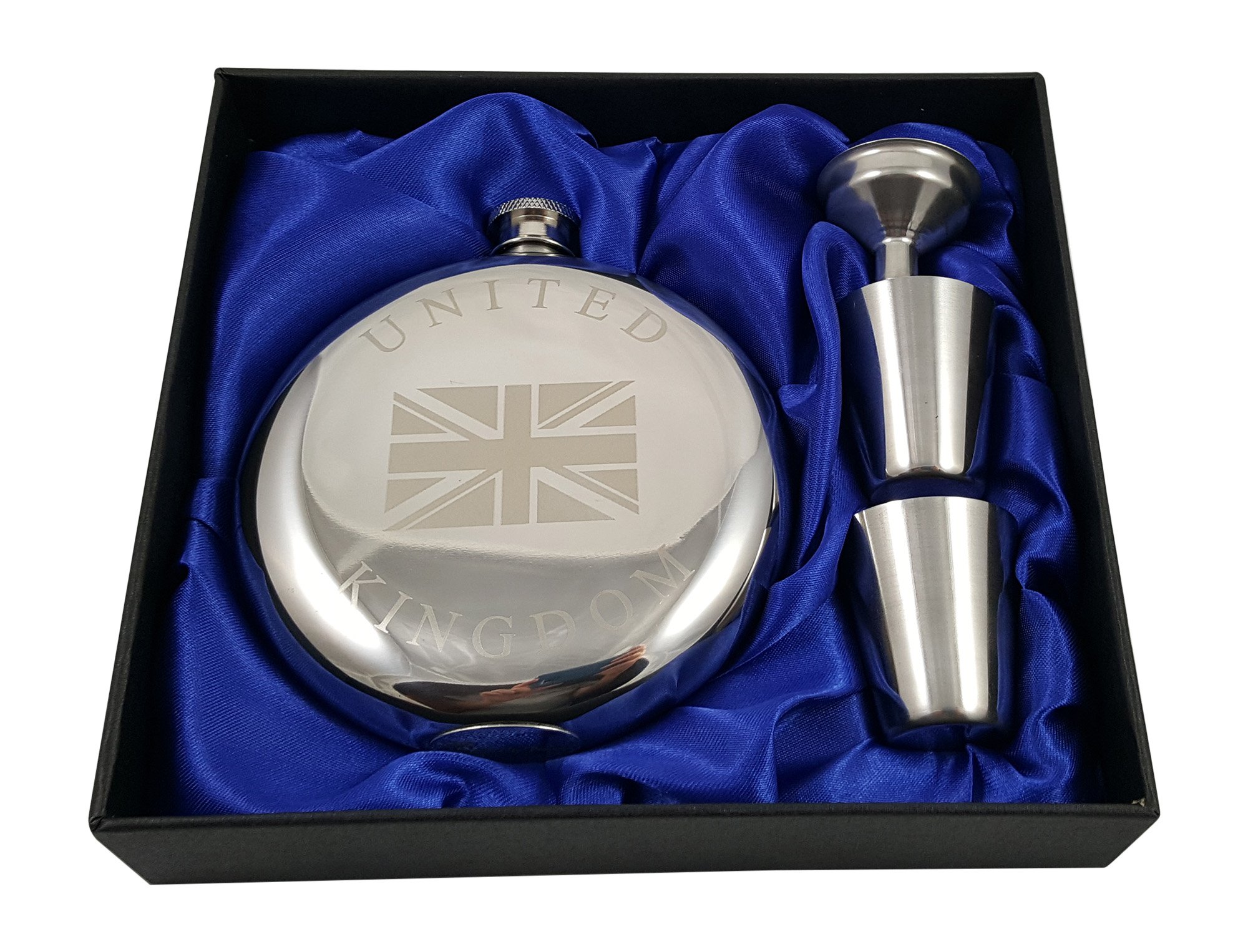 10 oz British Union Jack Engraved Flask Gift Set with 2 Shot Glasses & Funnel - Perfect for Whiskey Lovers, Travel & Outdoor Adventures
