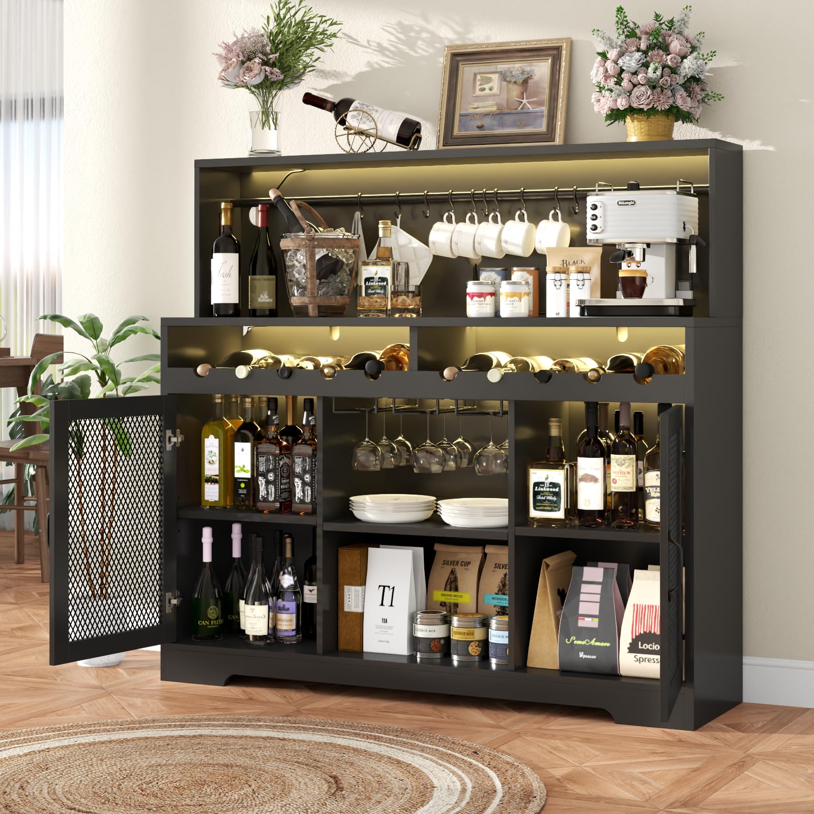 Loomie Modern Wine Bar Cabinet with LED Lighting - Glass Holder Liquor Storage & Coffee Bar Buffet Cabinet with Wine Racks & Mesh Door - Perfect for Home Bars, Dining Rooms & Entertaining (Black)