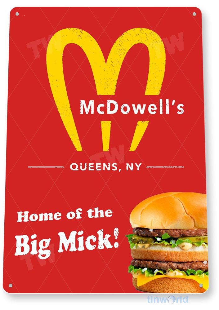 Shvieiart 8x12 Inch Vintage Metal Tin Sign - McDowell's Hamburger Movie Memorabilia for Home Bar & Man Cave Decor | Funny Fast Food Wall Art for Restaurants & Game Rooms