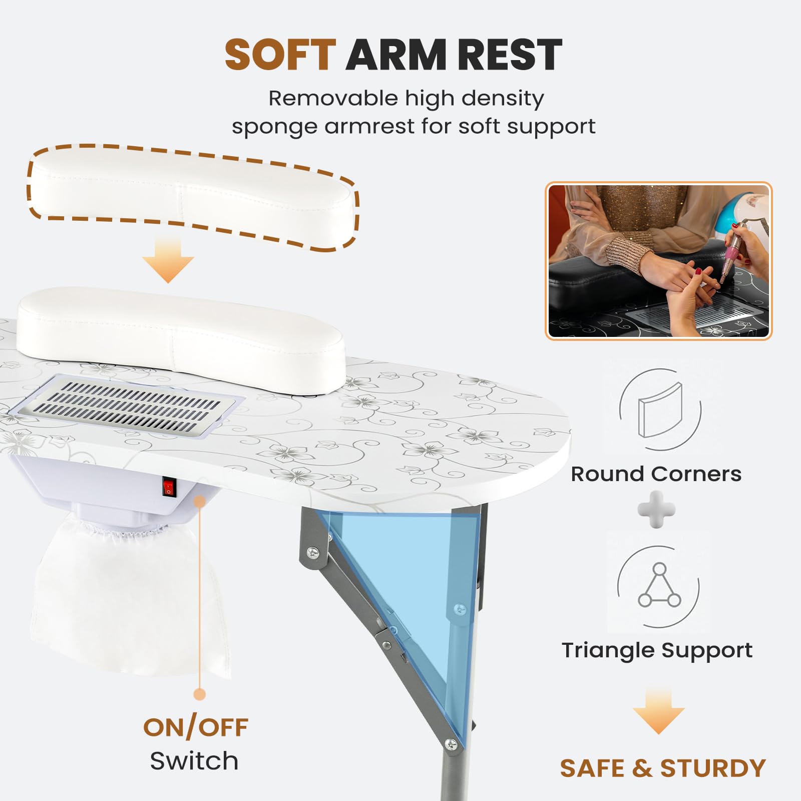 WELLHUT Professional Nail Table All-in-One Manicure Station with Electric Dust Collector, LED Nail Lamp, Carry Bag & Wrist Cushion - Mobile Nail Desk with Universal Mute Wheels for Home Spa, Beauty Salon & Professional Manicurists - Perfect for Nail Art, Gel Polish & Pedicure Services