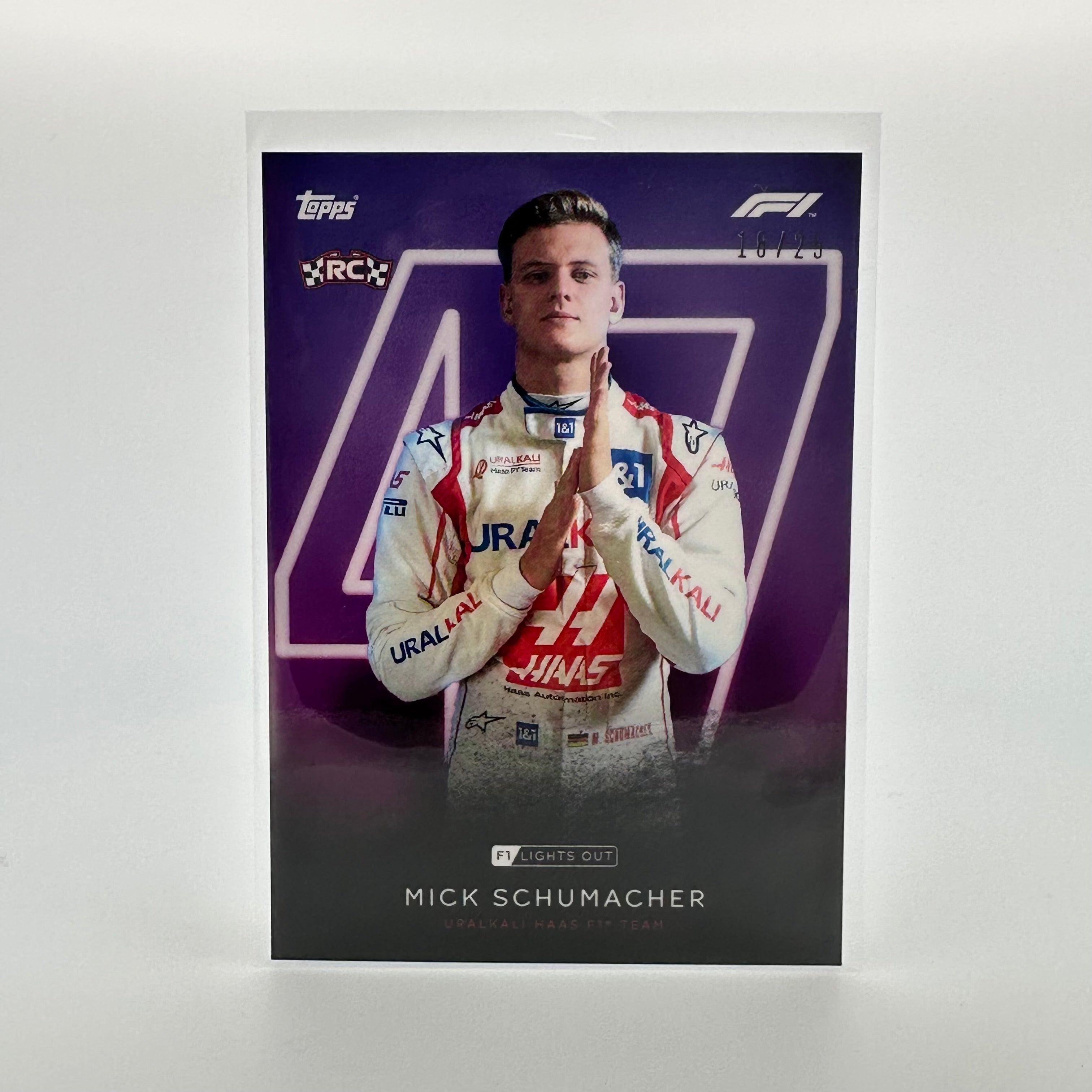 18/25 Mick Schumacher Purple Parallel Racing Driver Card - Collectible Memorabilia for F1 Fans & Sports Card Enthusiasts | Perfect for Display, Trading, and Gift Giving
