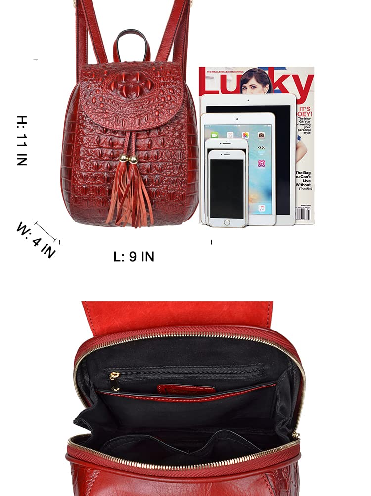 PIJUSHI Designer Genuine Leather Crocodile Print Backpack Set with Floral Card Holder Wallet & Tassel - Perfect for Travel, Work & School Accessories