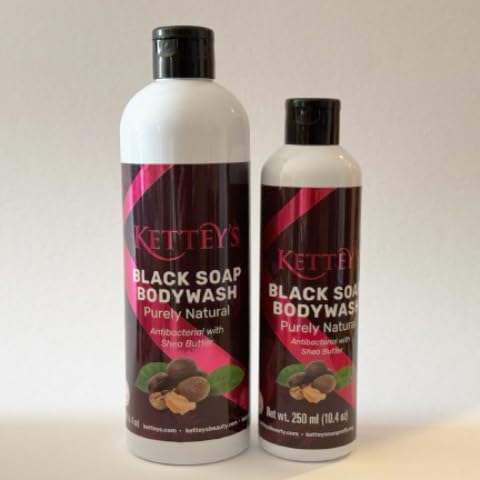 KETTEY'S Organic Black Soap Body Wash for Acne & Dark Spots - 8.5oz (250ml) - Natural African Shea Butter Cleanser for Sensitive Skin - Perfect for Daily Shower & Post-Workout Skincare Routine