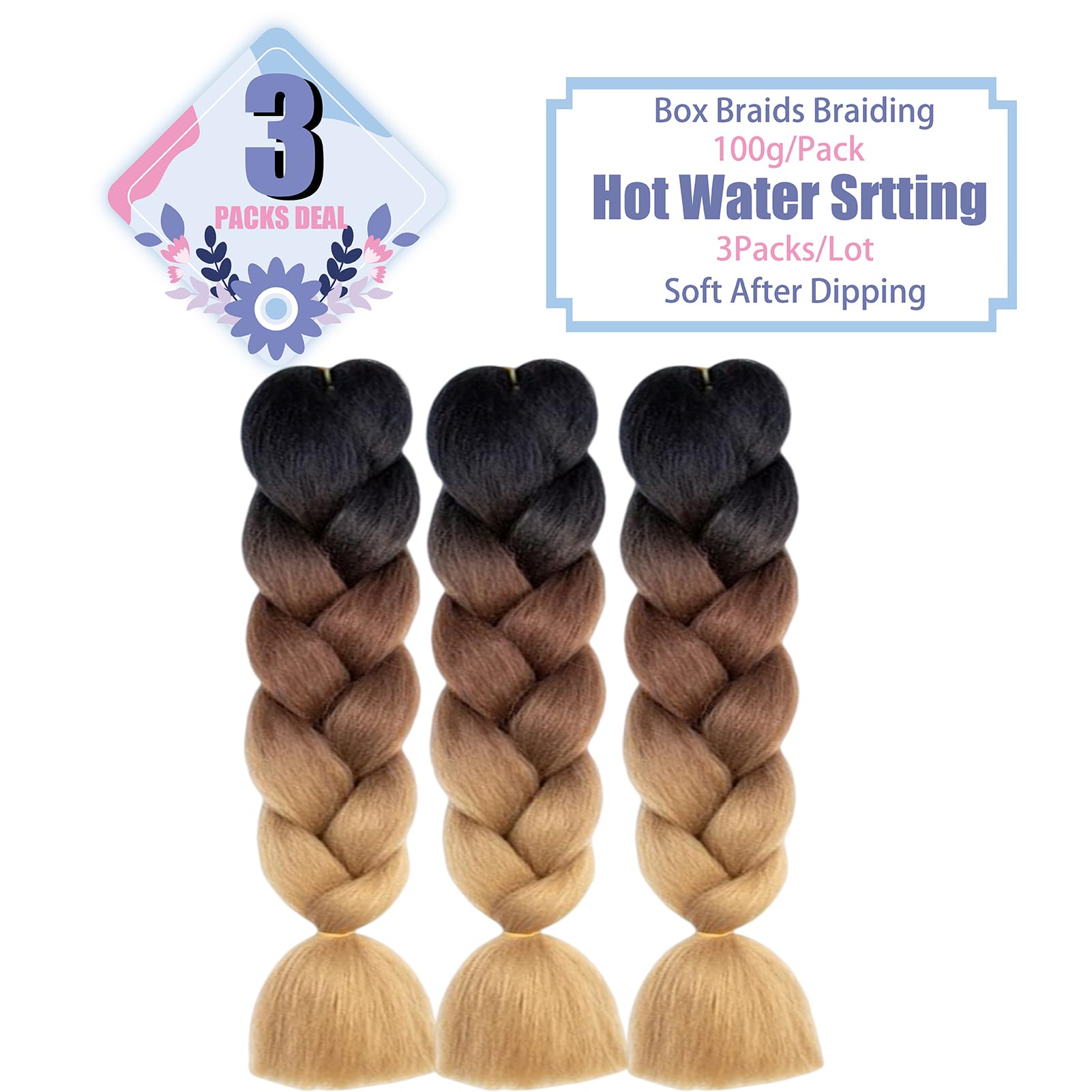 3 Packs 24 Inch Kanekalon Ombre Jumbo Braiding Hair Extensions for Women - High Temperature Synthetic Hair for Twist & Crochet Braids | Perfect for Protective Styles, Box Braids & Natural Hair Care