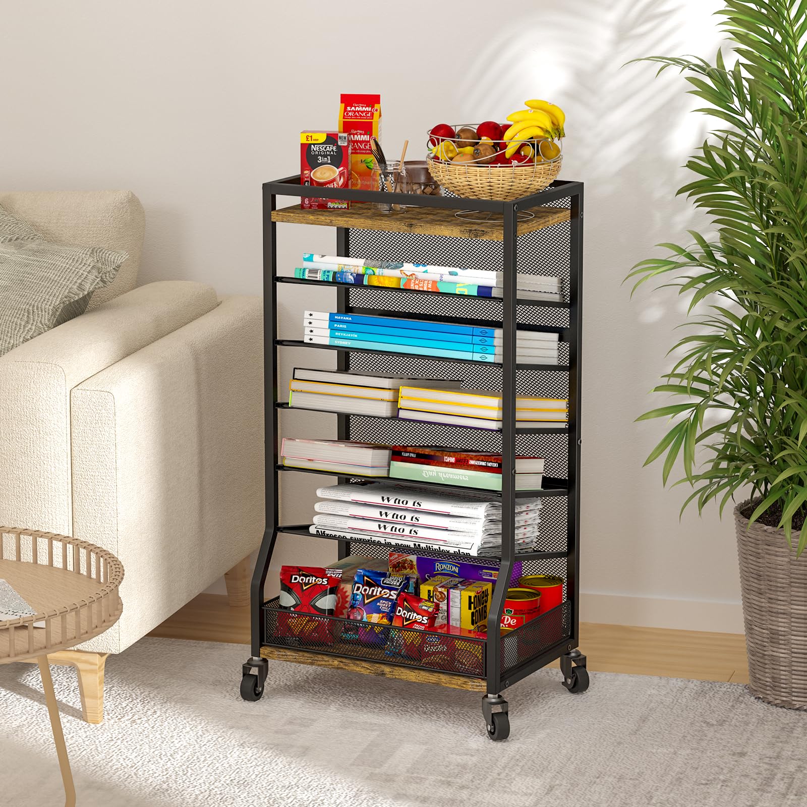 7-Tier Rolling File Cart with Sliding Trays - Wood & Metal File Organizer for Desk - Free-Standing File Holder & Paper Letter Tray Organizer - Mesh Desk Organizer for Home, Office & School (Patent) - Perfect for Document Storage, Office Organization & Classroom Supplies