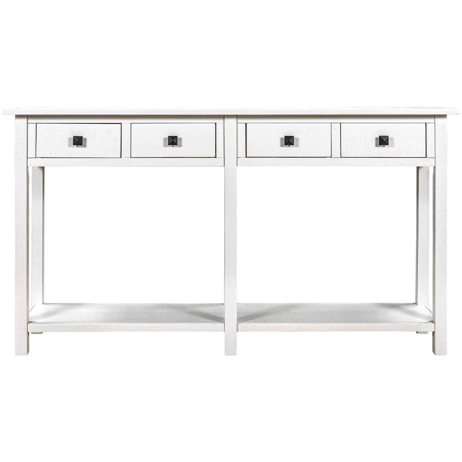 Rustic Brushed Texture Console Table with 4 Storage Drawers & Open Shelf - Solid Wood Sofa Table for Entryway, Living Room, Dining Room - Ivory White | Perfect for Home Decor, Hallway Storage & Farmhouse Style Interiors