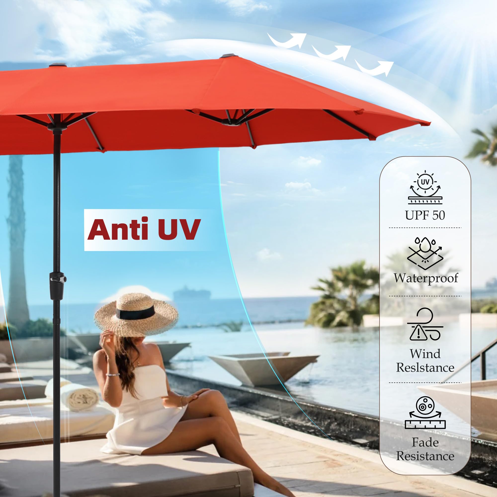 PHI VILLA 13 ft Outdoor Patio Umbrella - Large Rectangular Double-Sided Market Umbrella with Crank Handle for Deck, Pool, Garden & Backyard - Perfect for Outdoor Dining, Lounging & Shade Protection