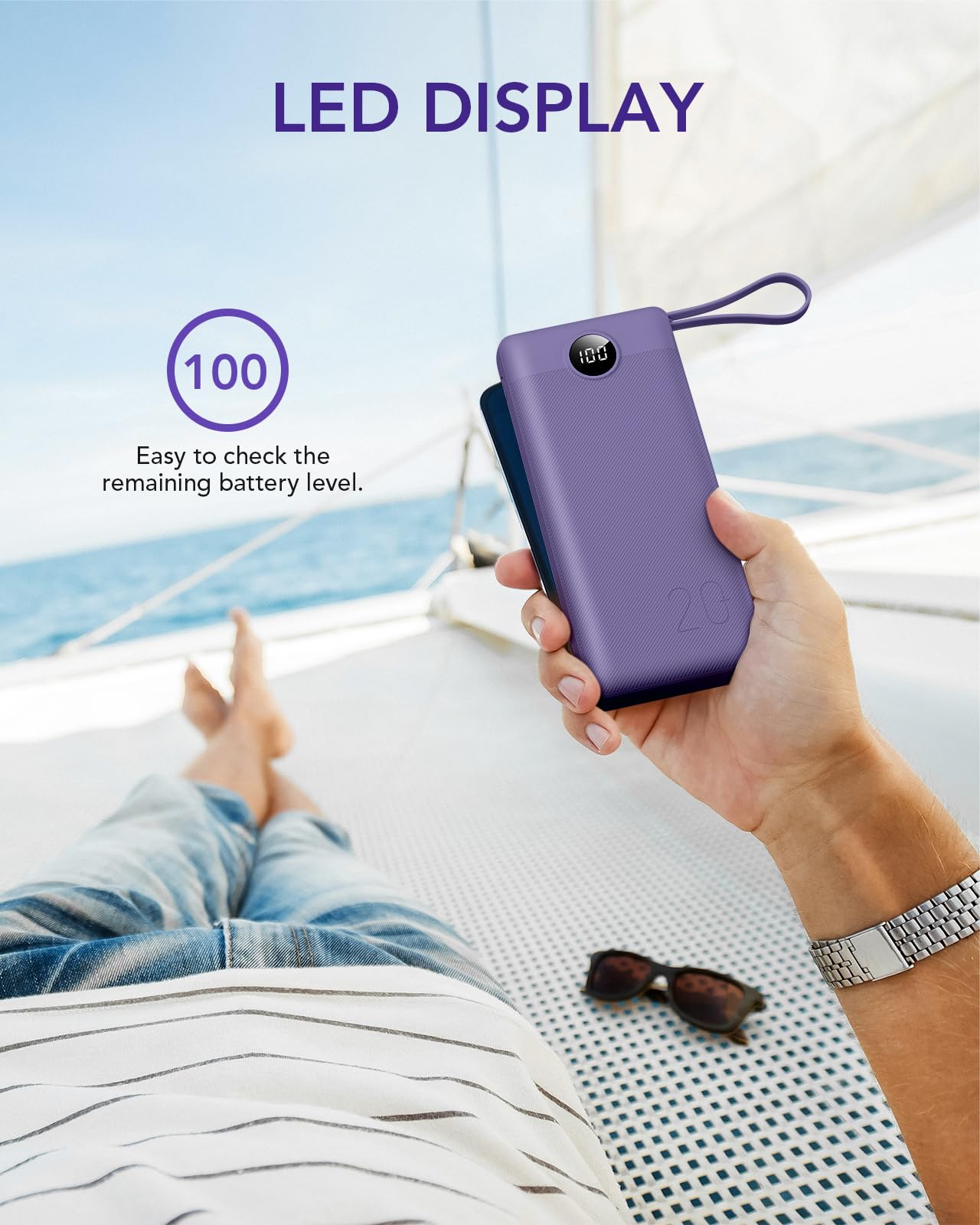 VRURC 20000mAh Portable Charger with Built-in Cables - 22.5W Fast Charging Power Bank with LED Display, 4 Outputs & 2 Inputs for iPhone 15/14/13/Pro, Samsung & Android Devices - Purple (1 Pack) | Perfect for Travel, Camping & Emergency Power Backup